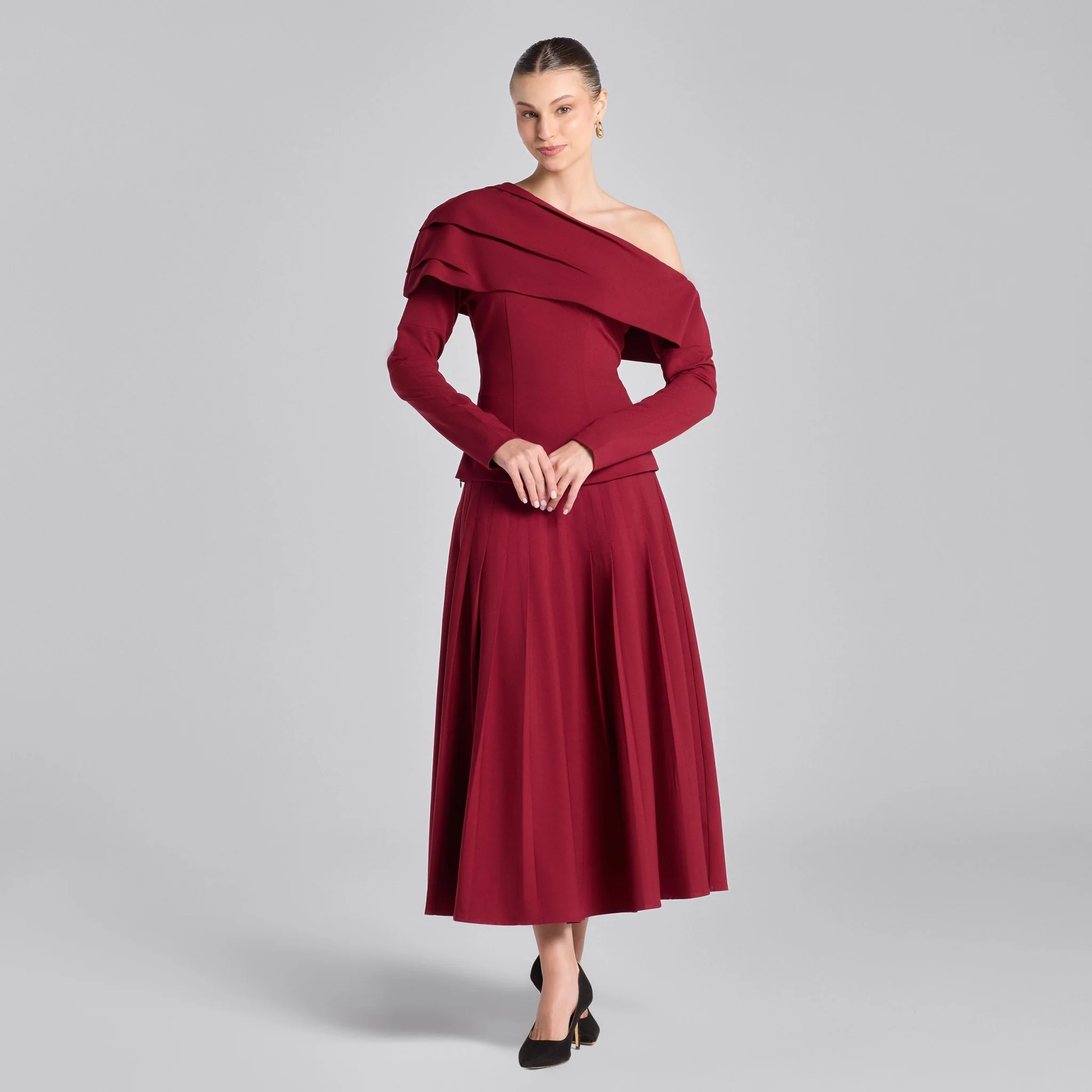 Burgundy Pleated Crepe Maxi Skirt - Image 2