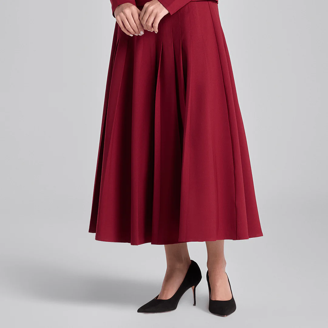 Burgundy Pleated Crepe Maxi Skirt - Image 3