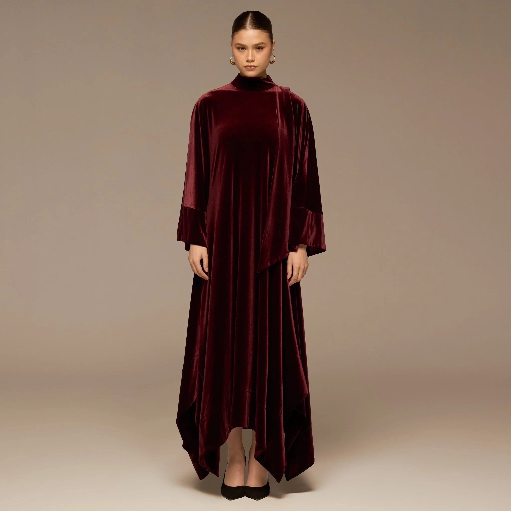 Burgundy Wide Sleeve Velvet Dress with Scarf - Image 2