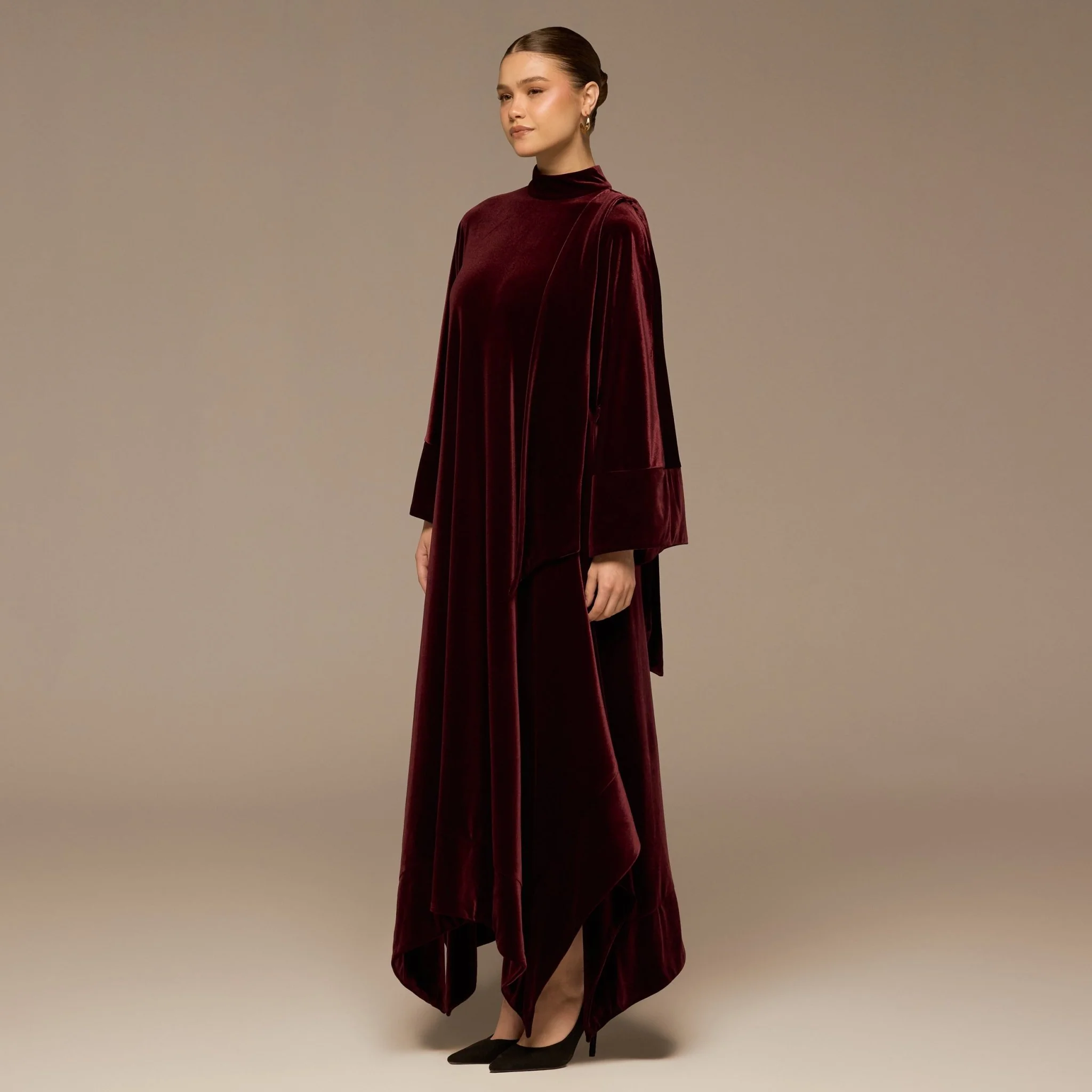 Burgundy Wide Sleeve Velvet Dress with Scarf - Image 3