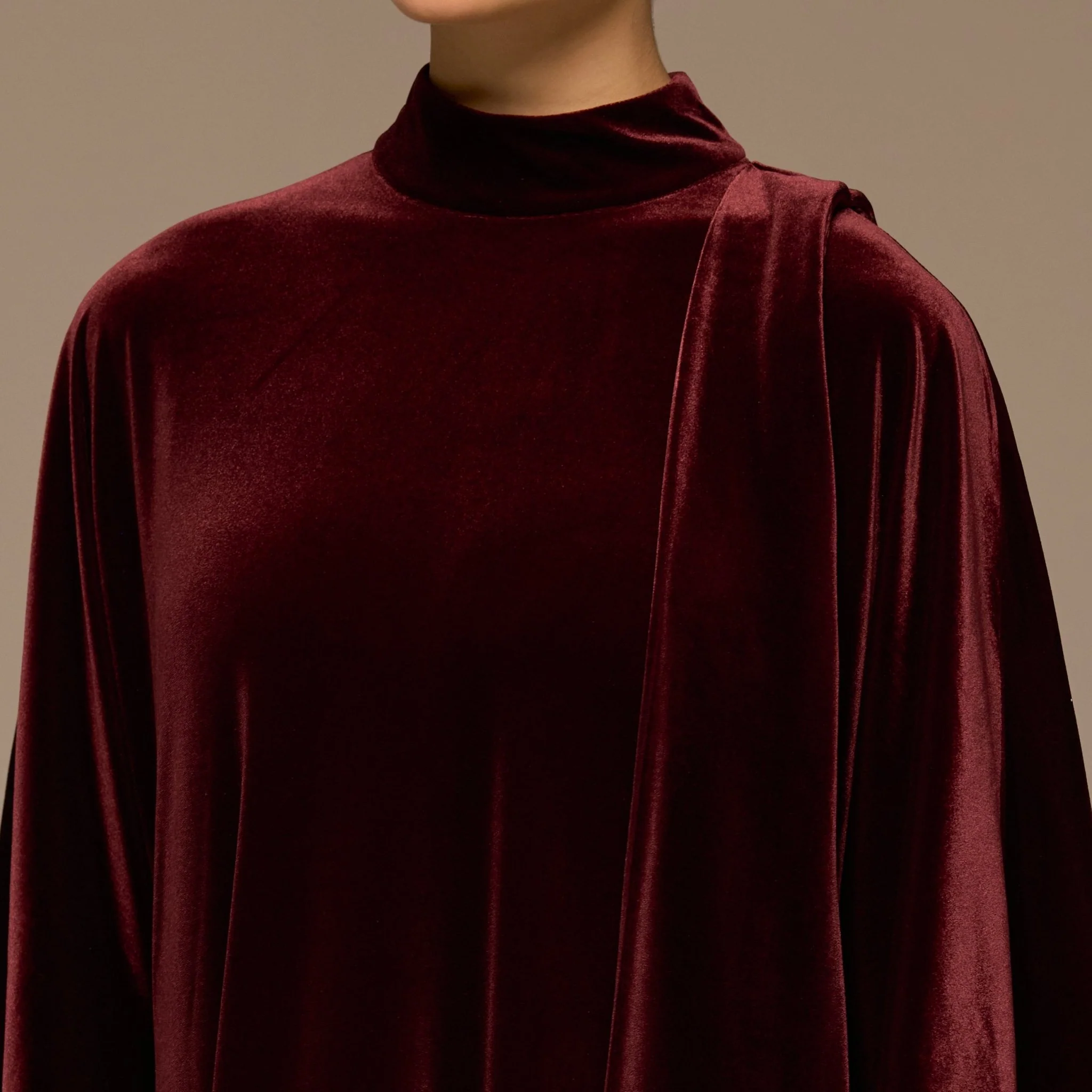 Burgundy Wide Sleeve Velvet Dress with Scarf - Image 4