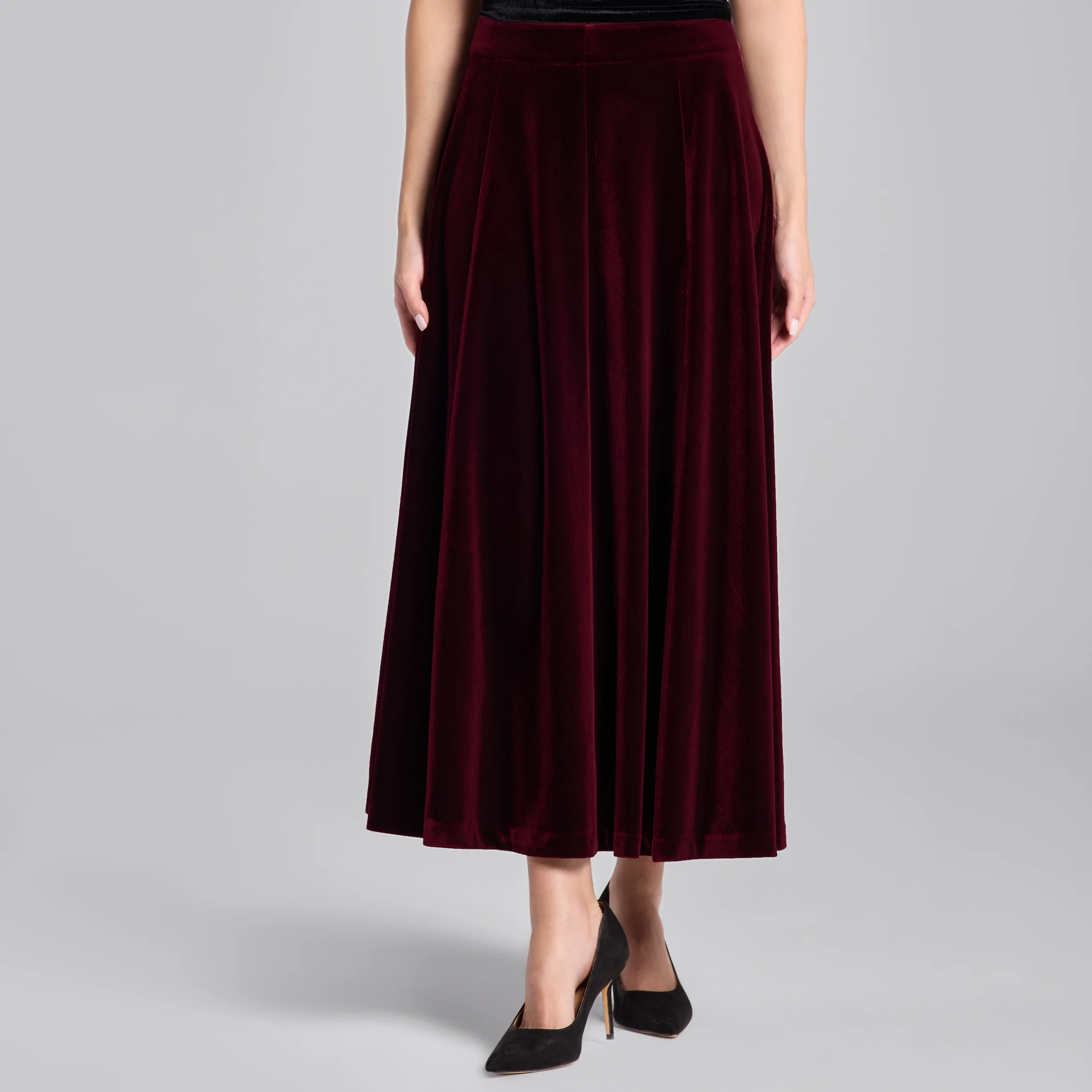 Burgundy A Line Velvet Midi Skirt