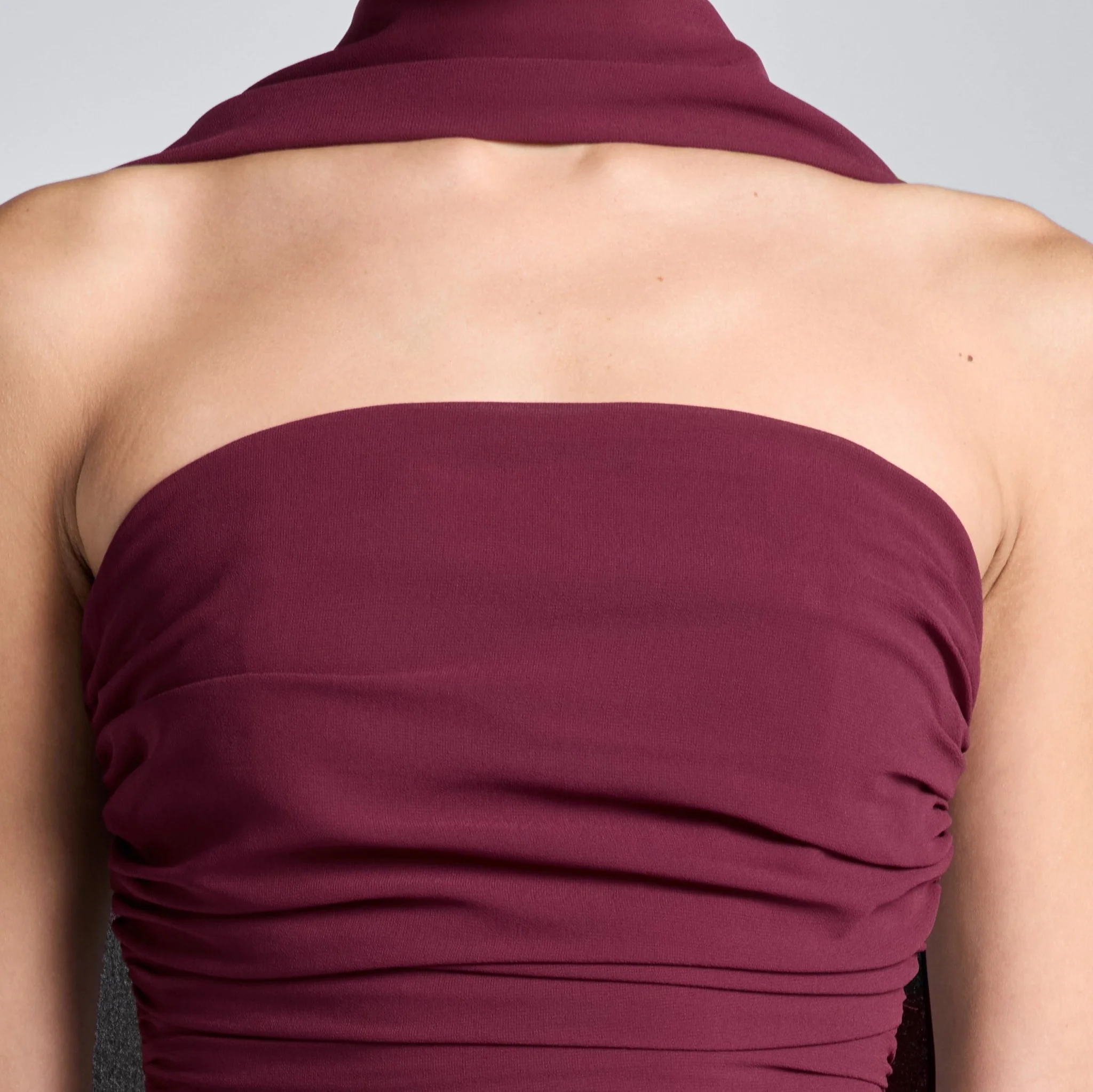 Burgundy Strapless Chiffon & Velvet Maxi Dress - Image 3