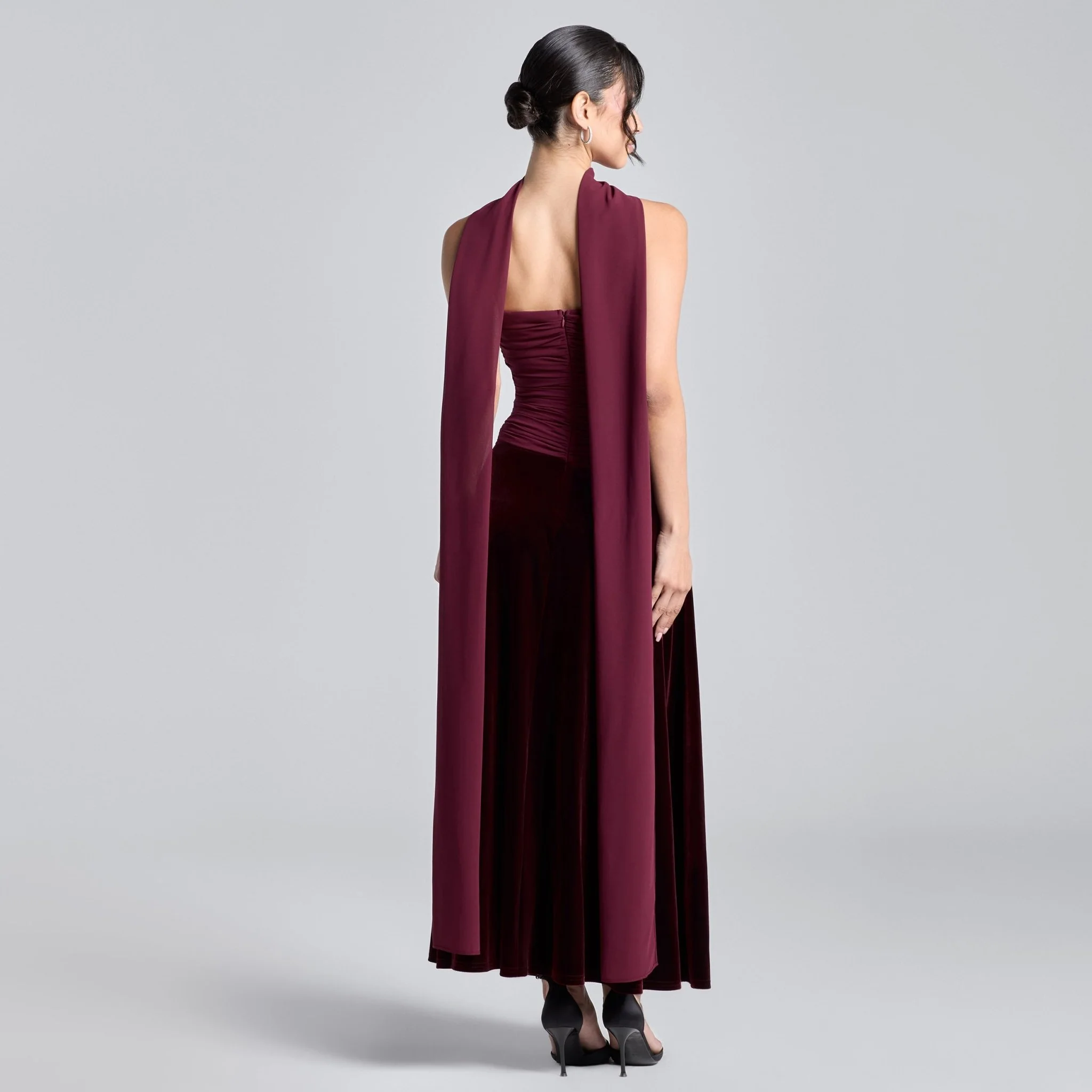 Burgundy Strapless Chiffon & Velvet Maxi Dress - Image 4
