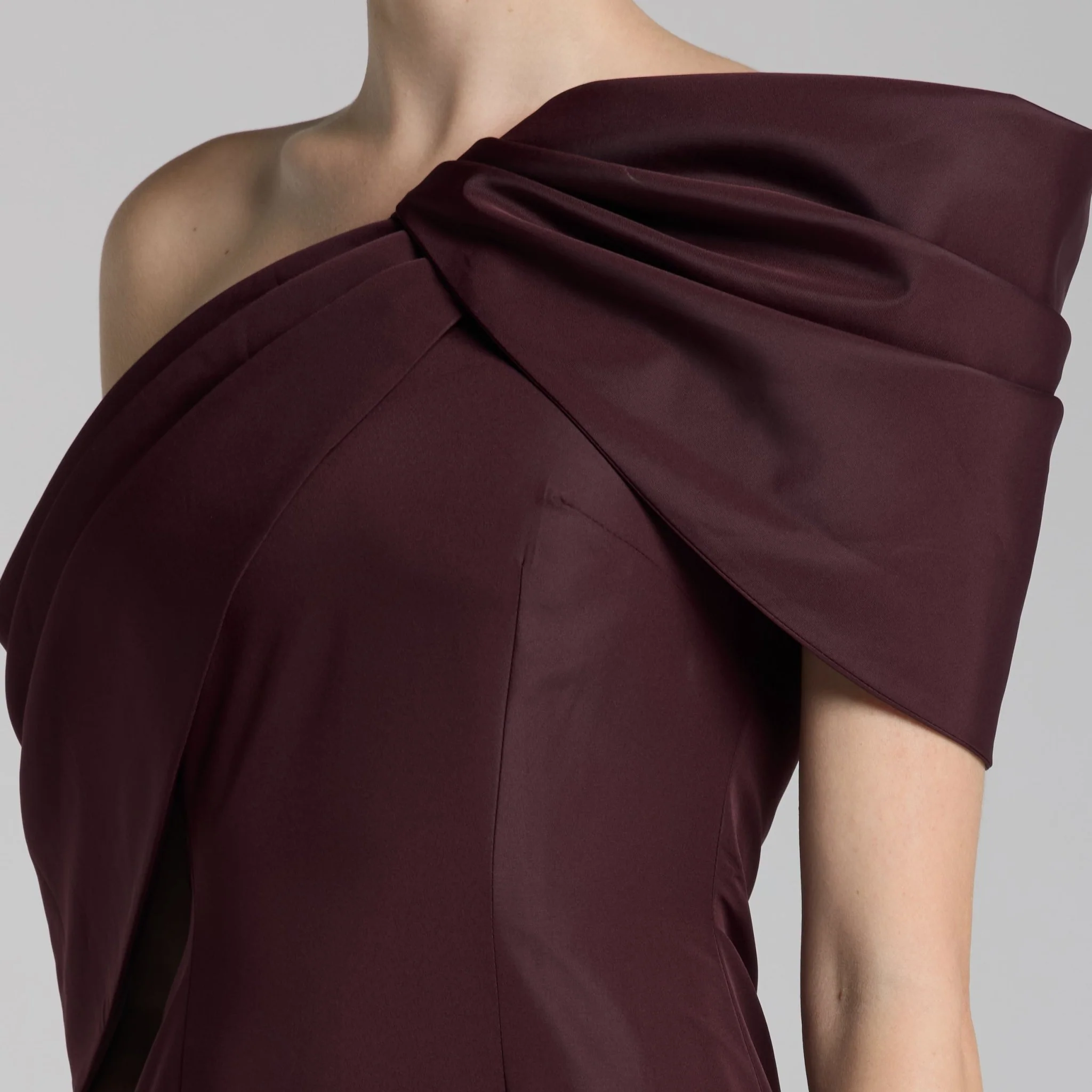 Burgundy Taffeta Off Shoulder Draped Maxi Dress - Image 3