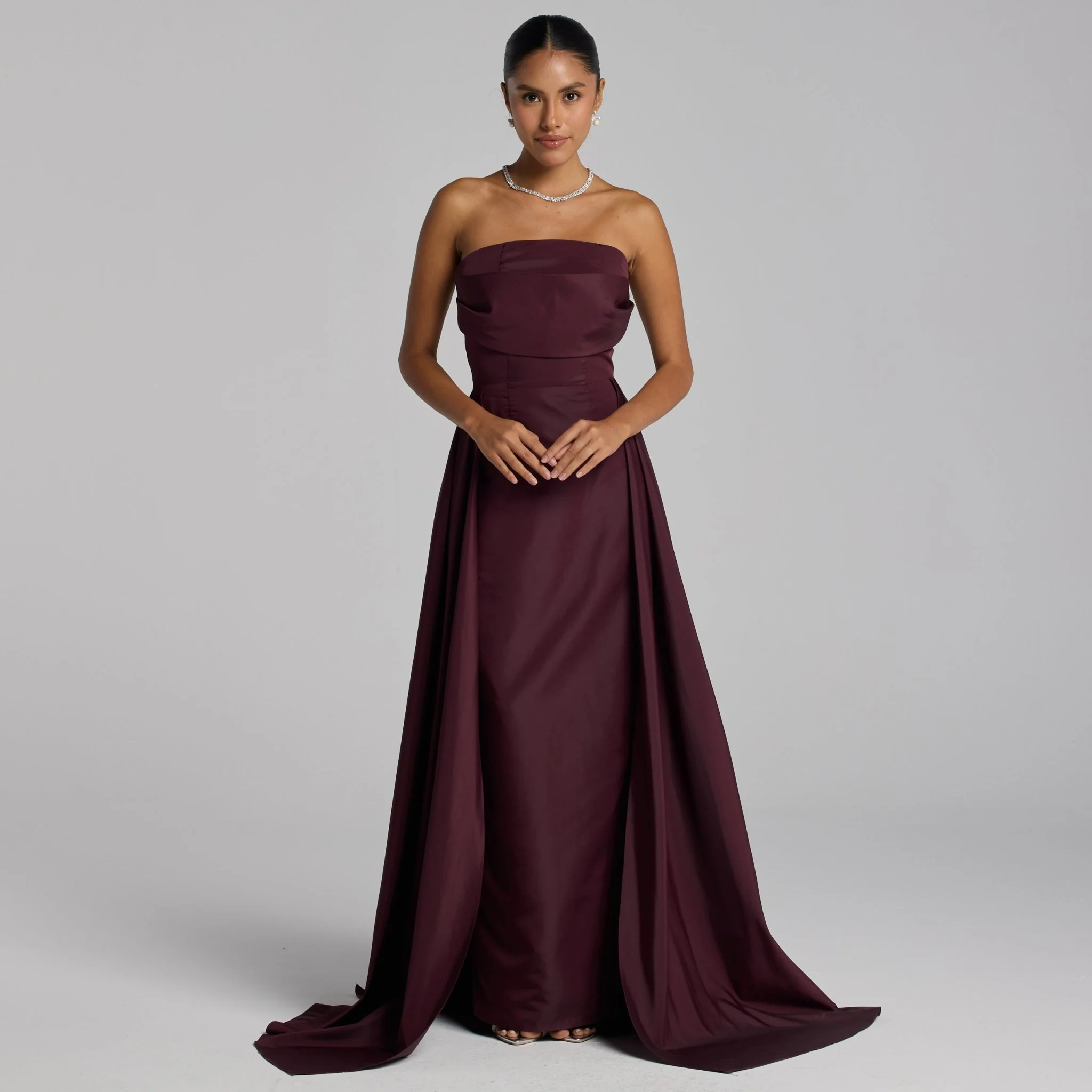 Burgundy Taffeta Strapless Maxi Dress