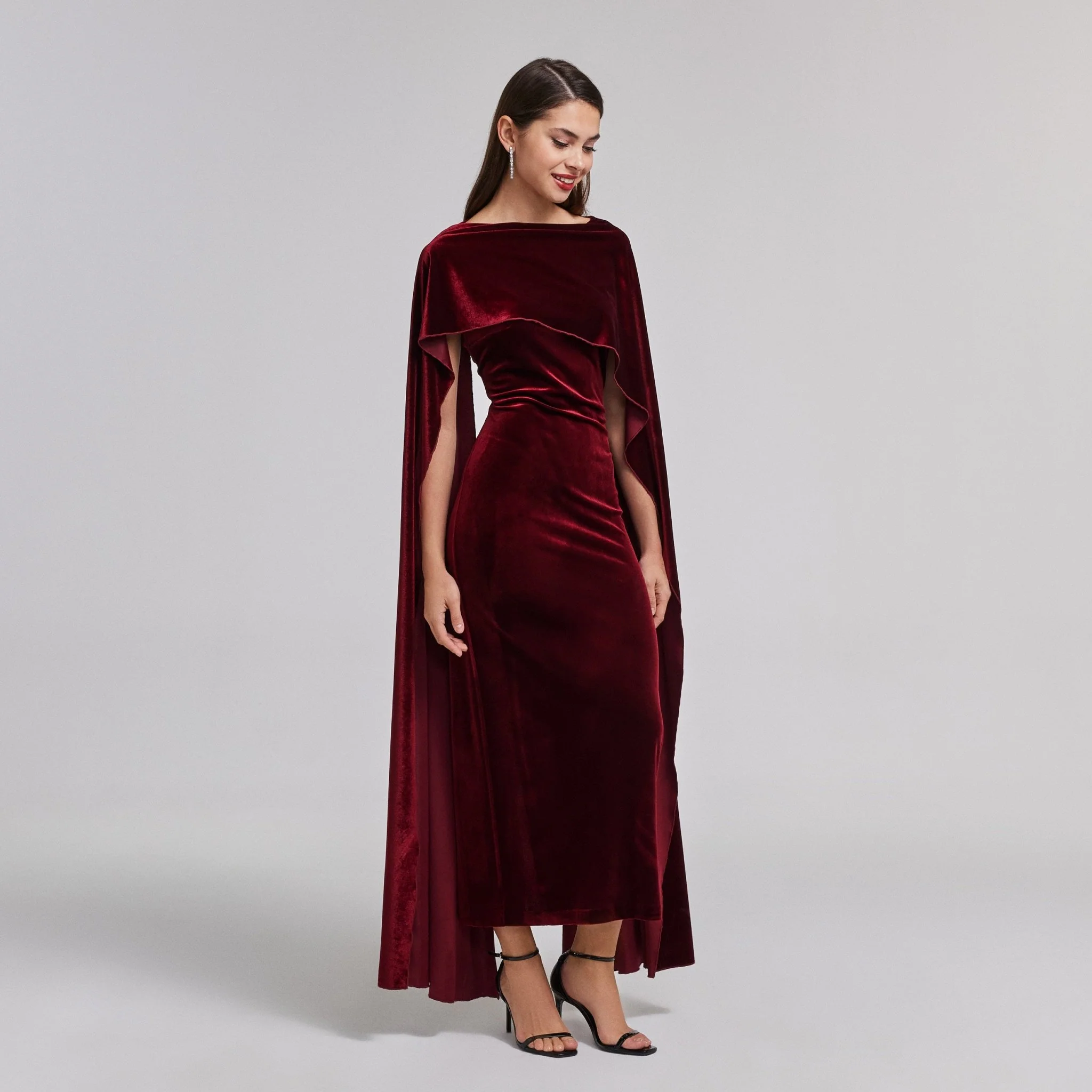Burgundy Velvet Cape Maxi Dress - Image 2