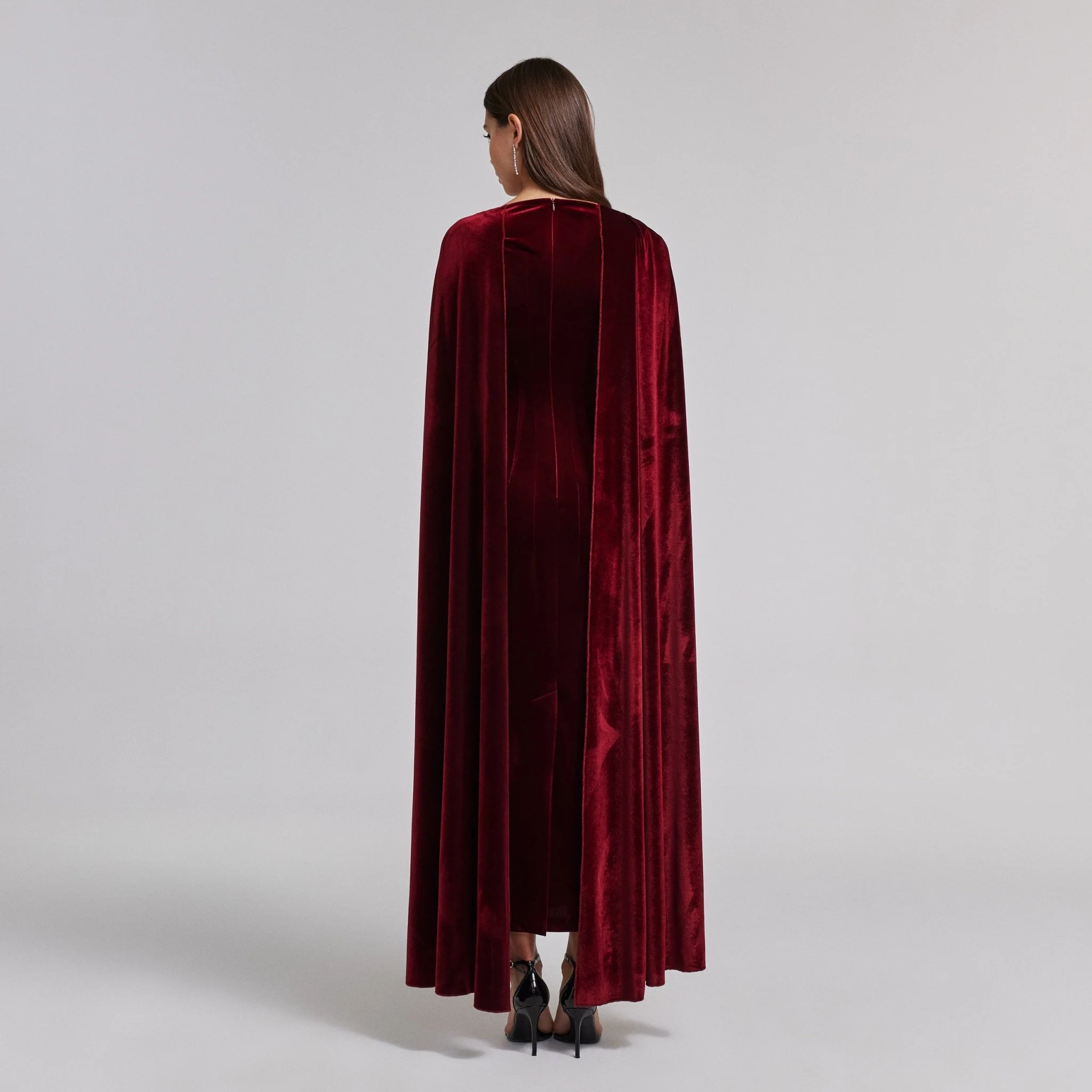 Burgundy Velvet Cape Maxi Dress - Image 3