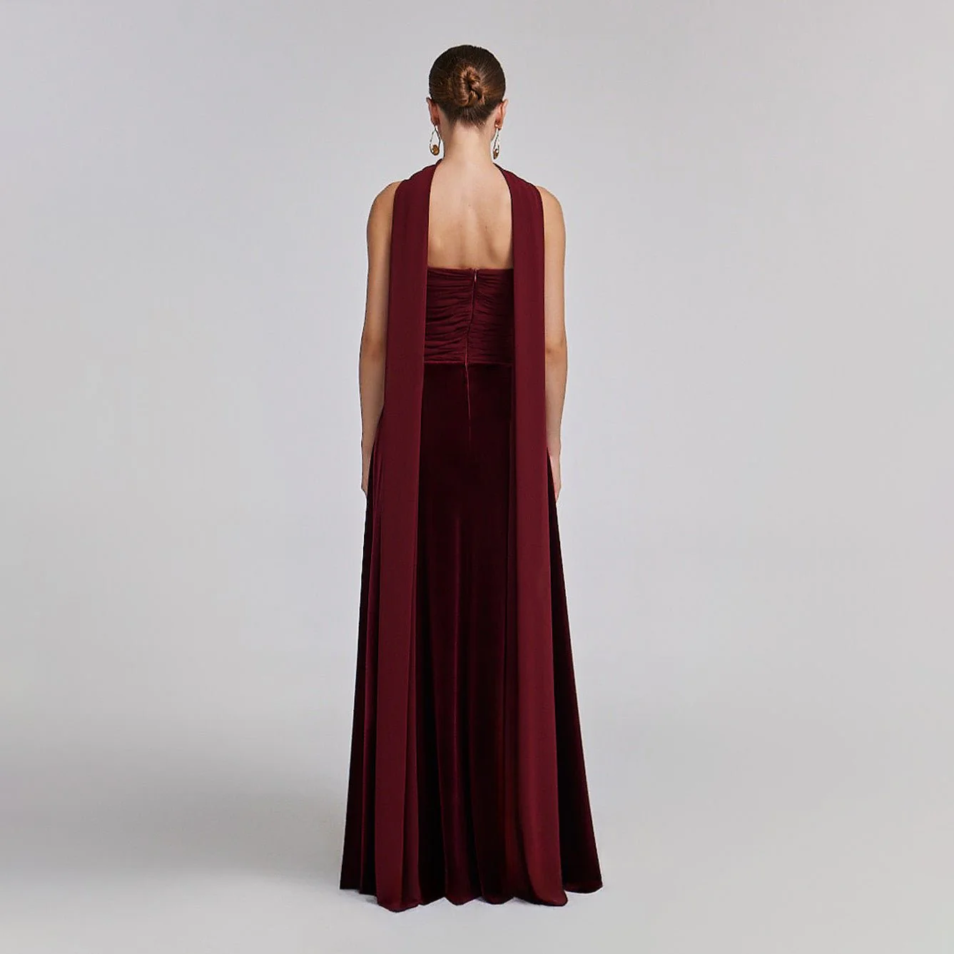 Burgundy Velvet-Chiffon Strapless Gown with Draped Scarf - Image 4