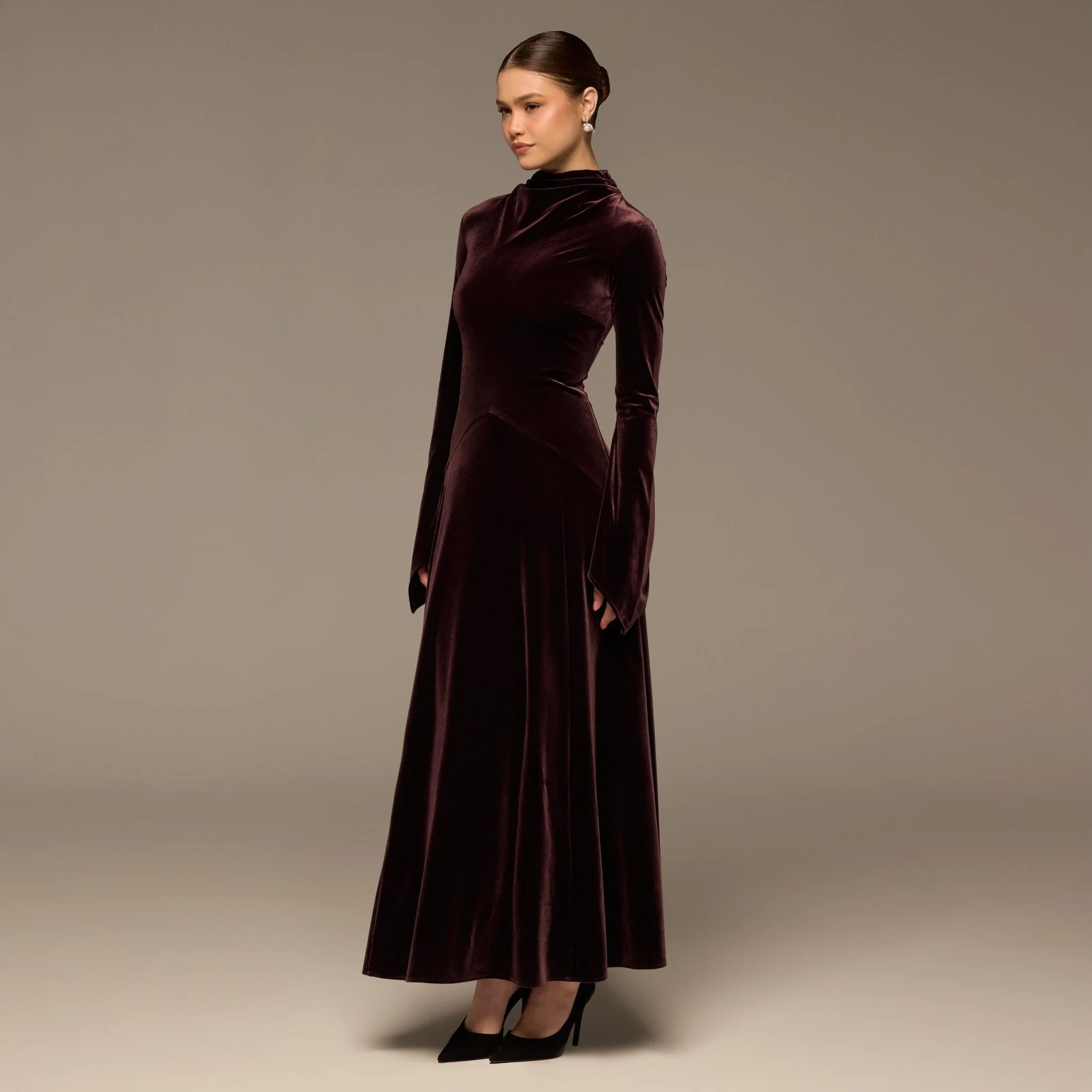 Dark Purple Velvet Cowl Neck Maxi Dress - Image 3