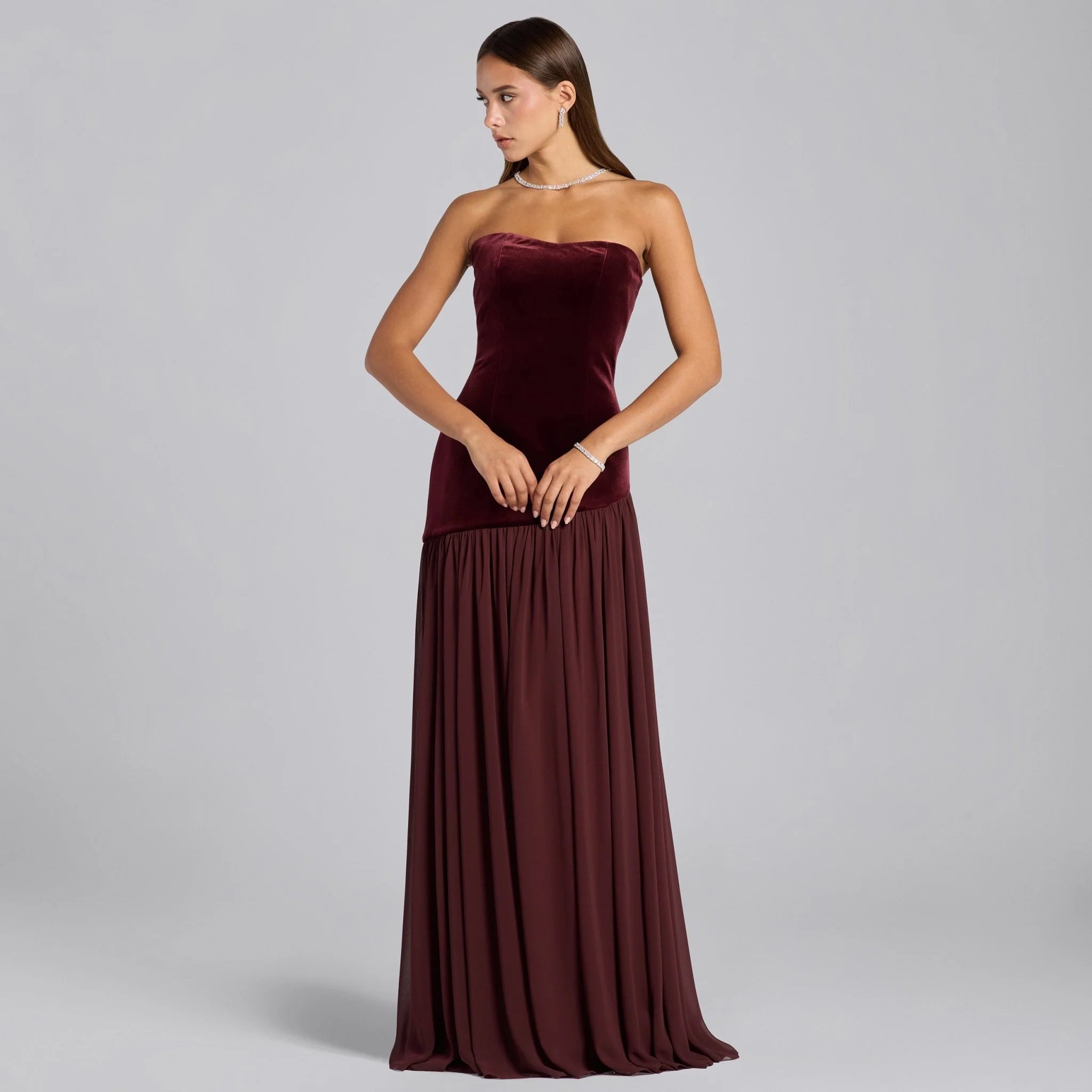 Burgundy Velvet Dress with Voluminous Chiffon Skirt - Image 2