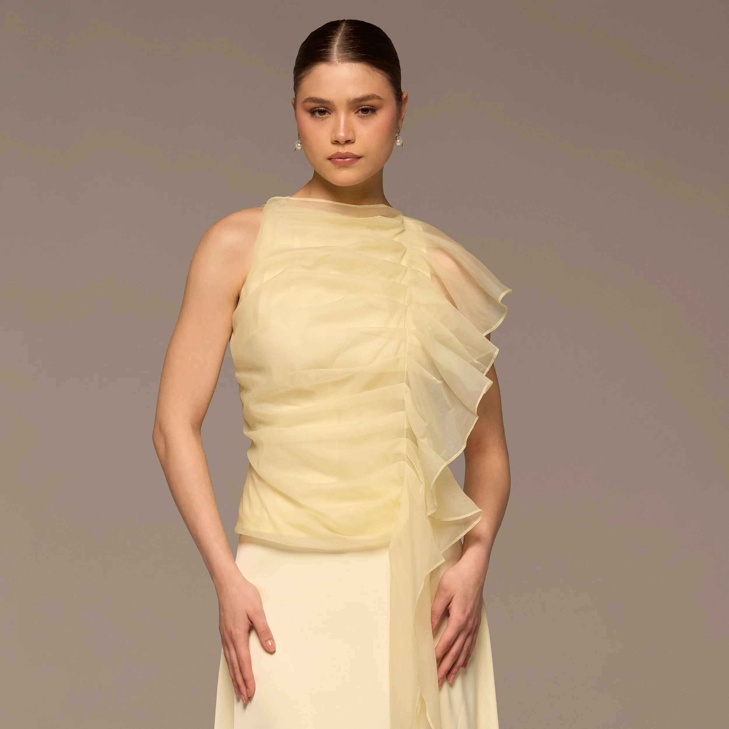 Butter Yellow One Side Ruffle Organza Blouse