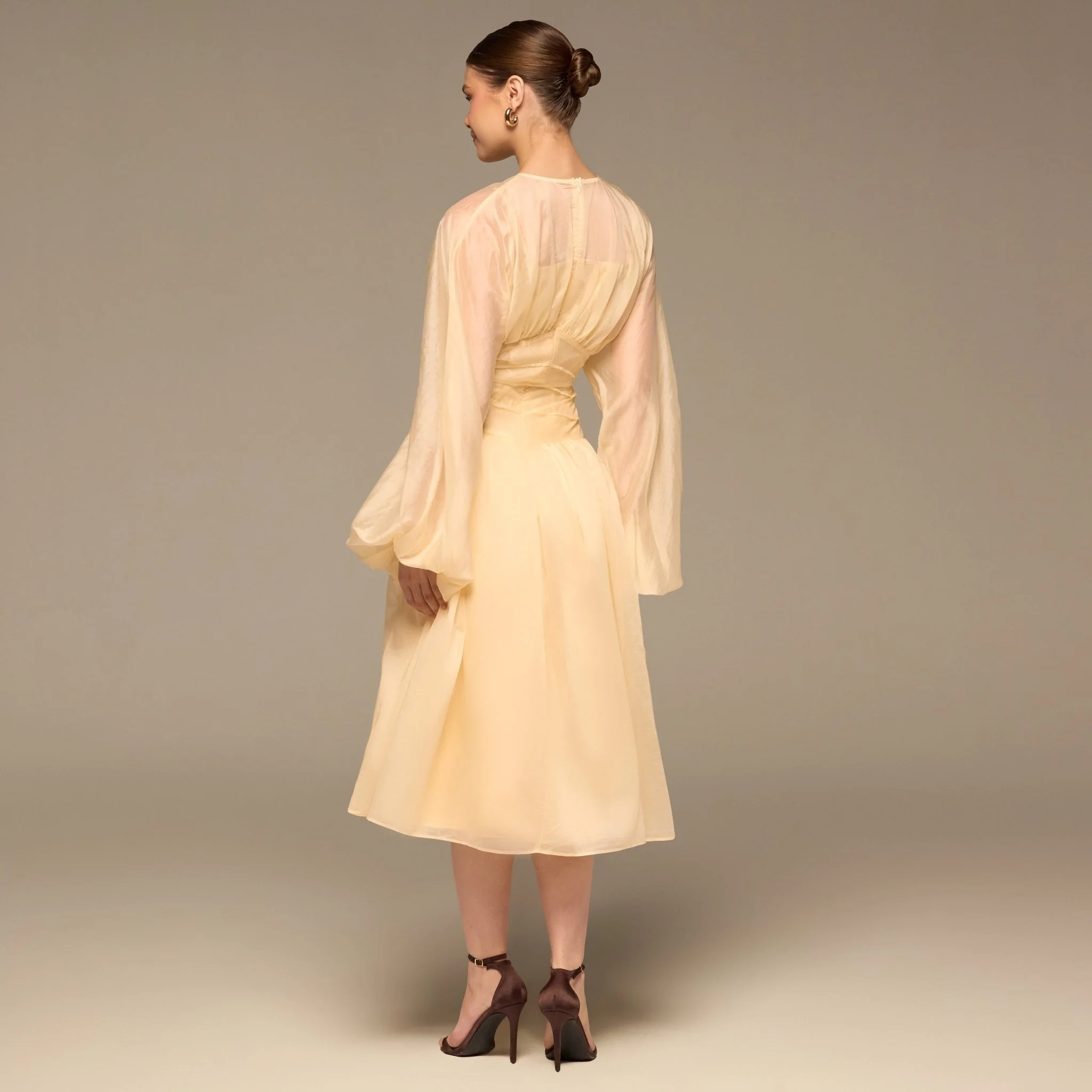 Butter Yellow Organza Puffy Sleeve Dress - Image 5