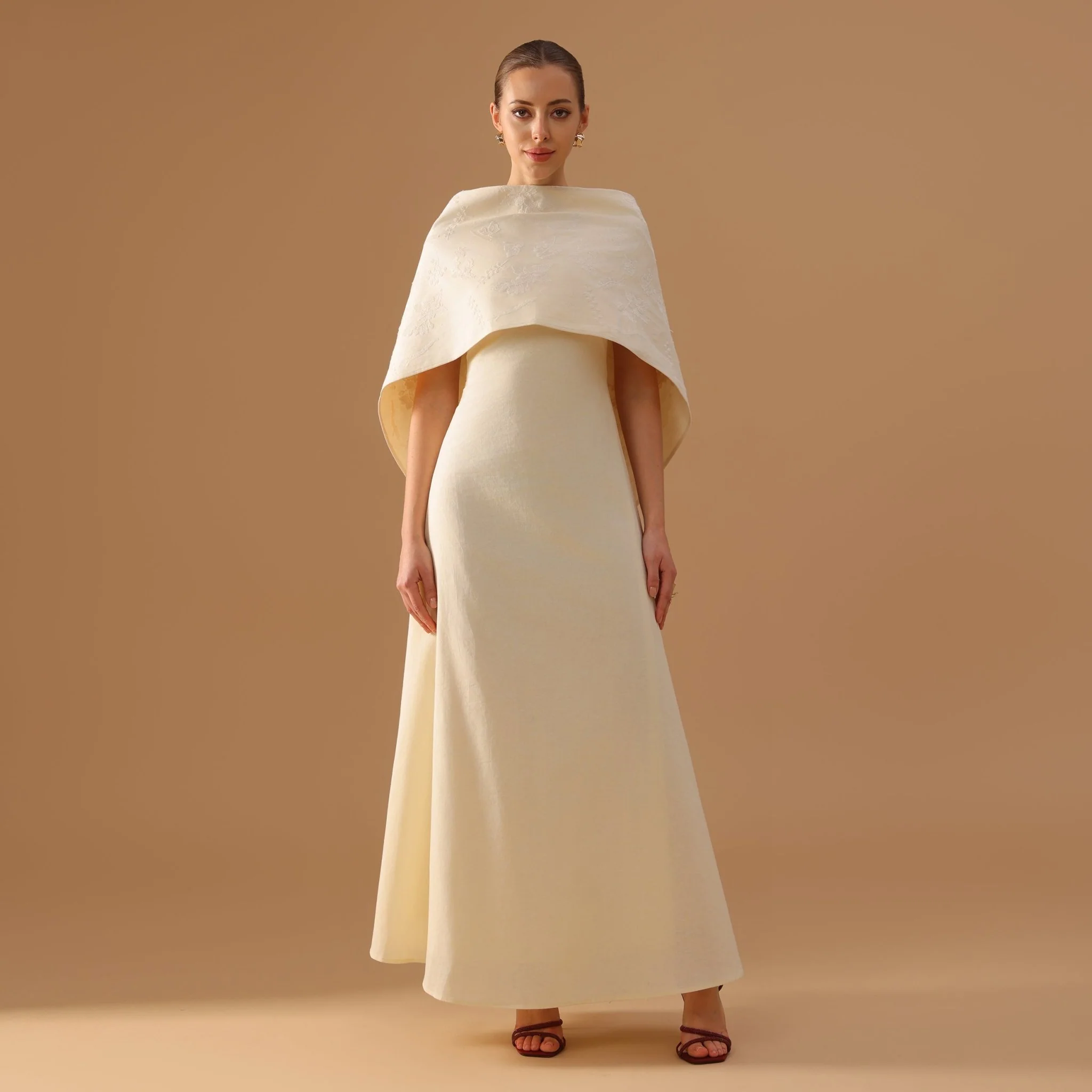 Beige Cape Aline Cotton Maxi Dress