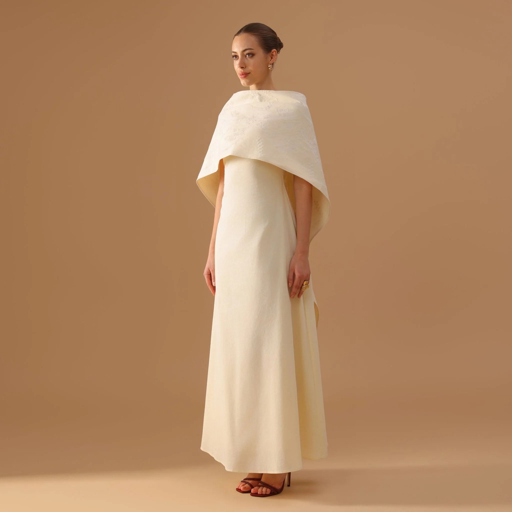 Beige Cape Aline Cotton Maxi Dress - Image 2