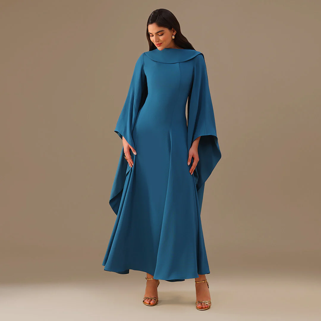 Turquoise Crepe Dress with Flared Skirt