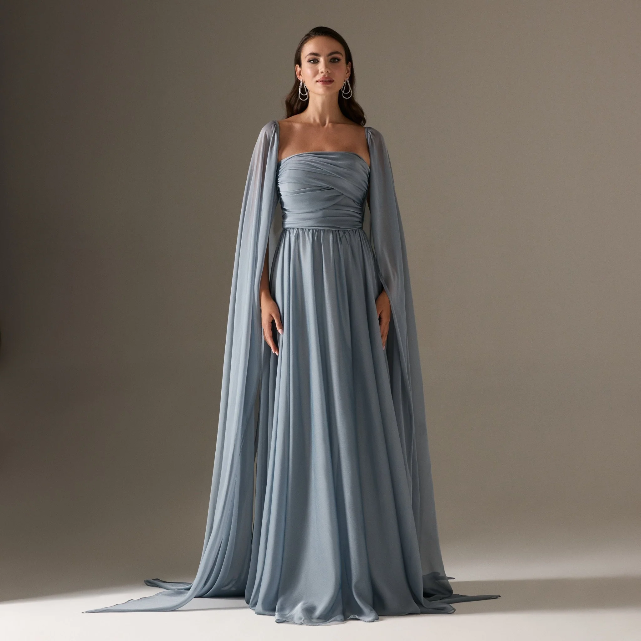 Cape Sleeve Drapped A-line Chiffon Dress - Image 3