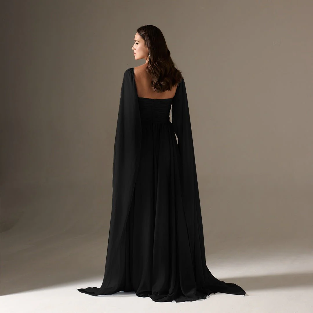 Black Cape Sleeve Drapped A-line Chiffon Dress - Image 3