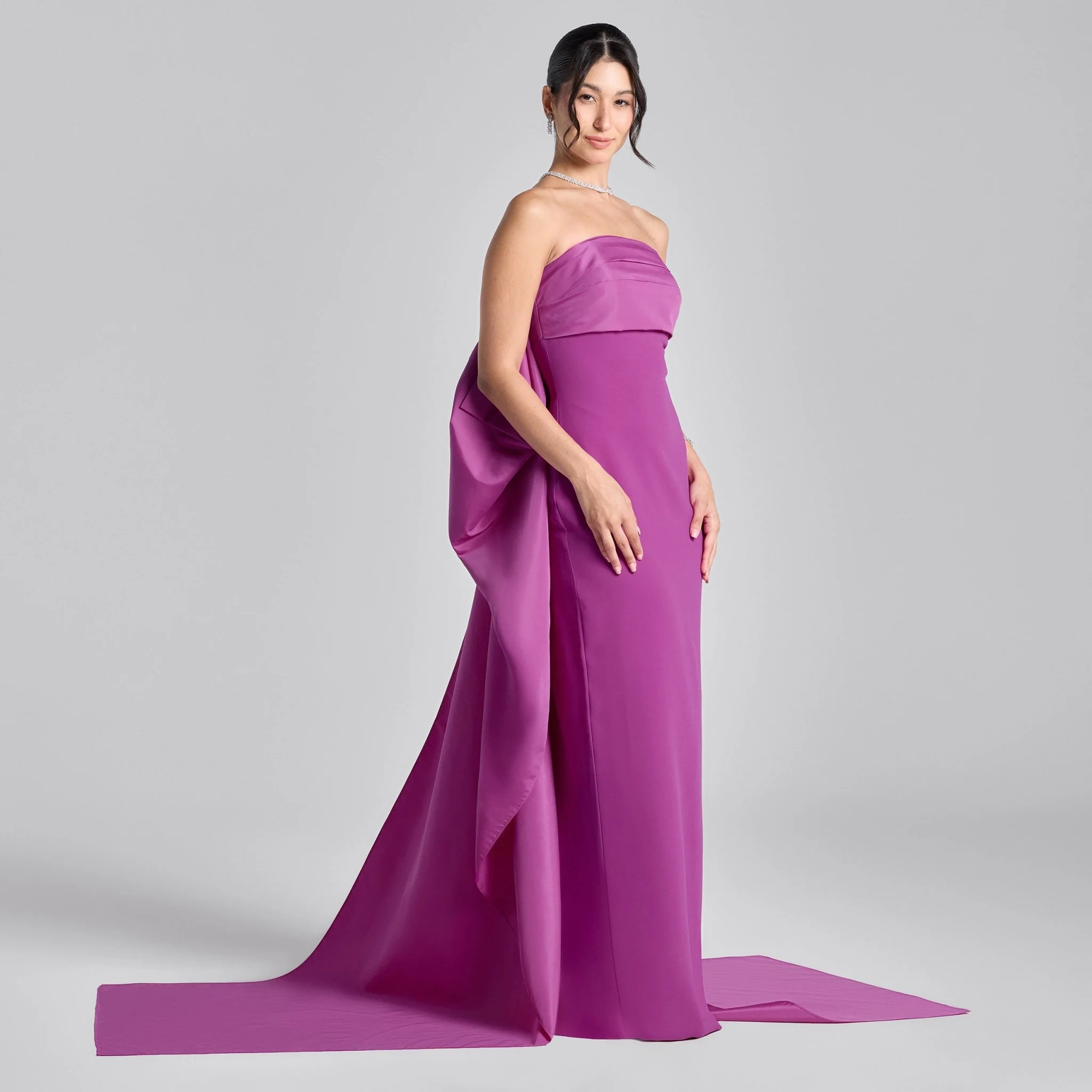 Cerise Crepe and Taffeta Strapless Bow Gown - Image 2