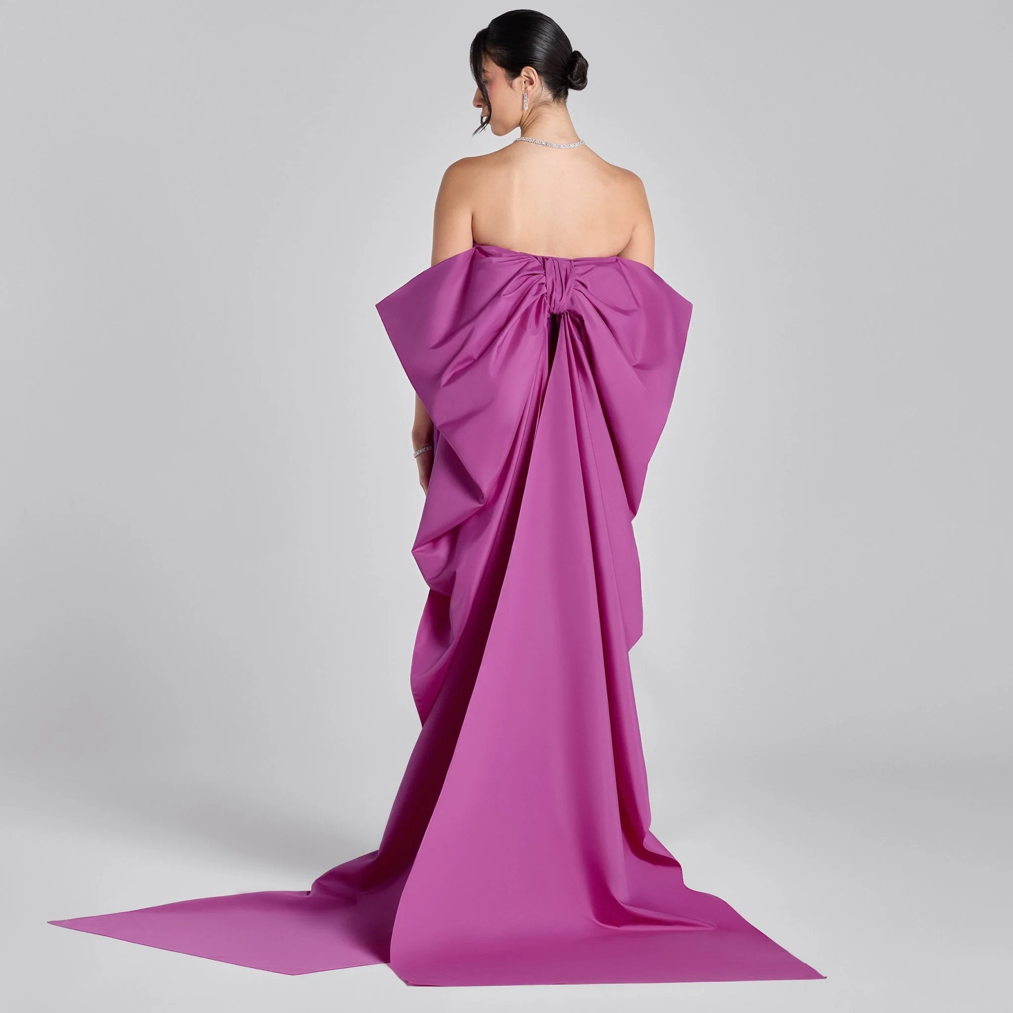 Cerise Crepe and Taffeta Strapless Bow Gown - Image 4