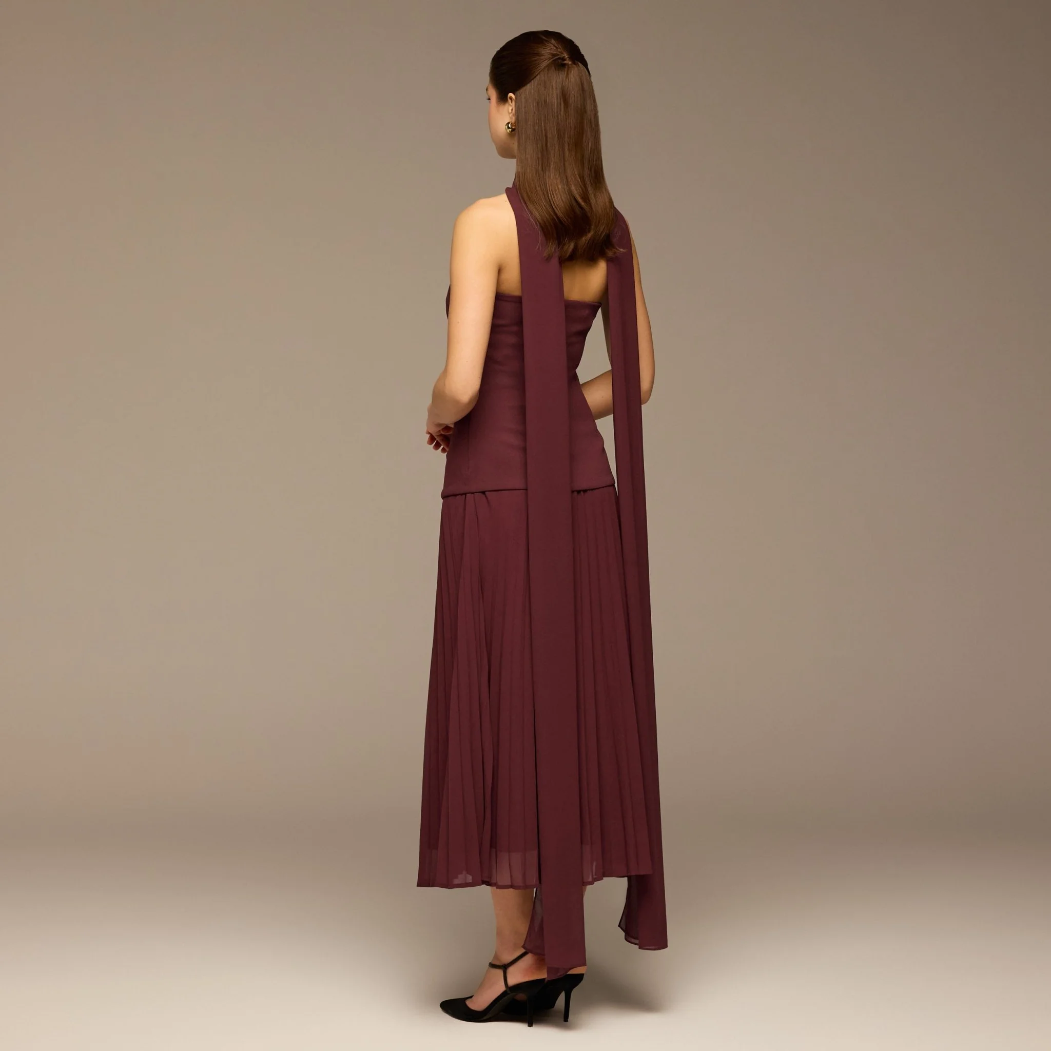 Cherry Red Crepe and Chiffon Pleated Dress with Scarf - Image 4