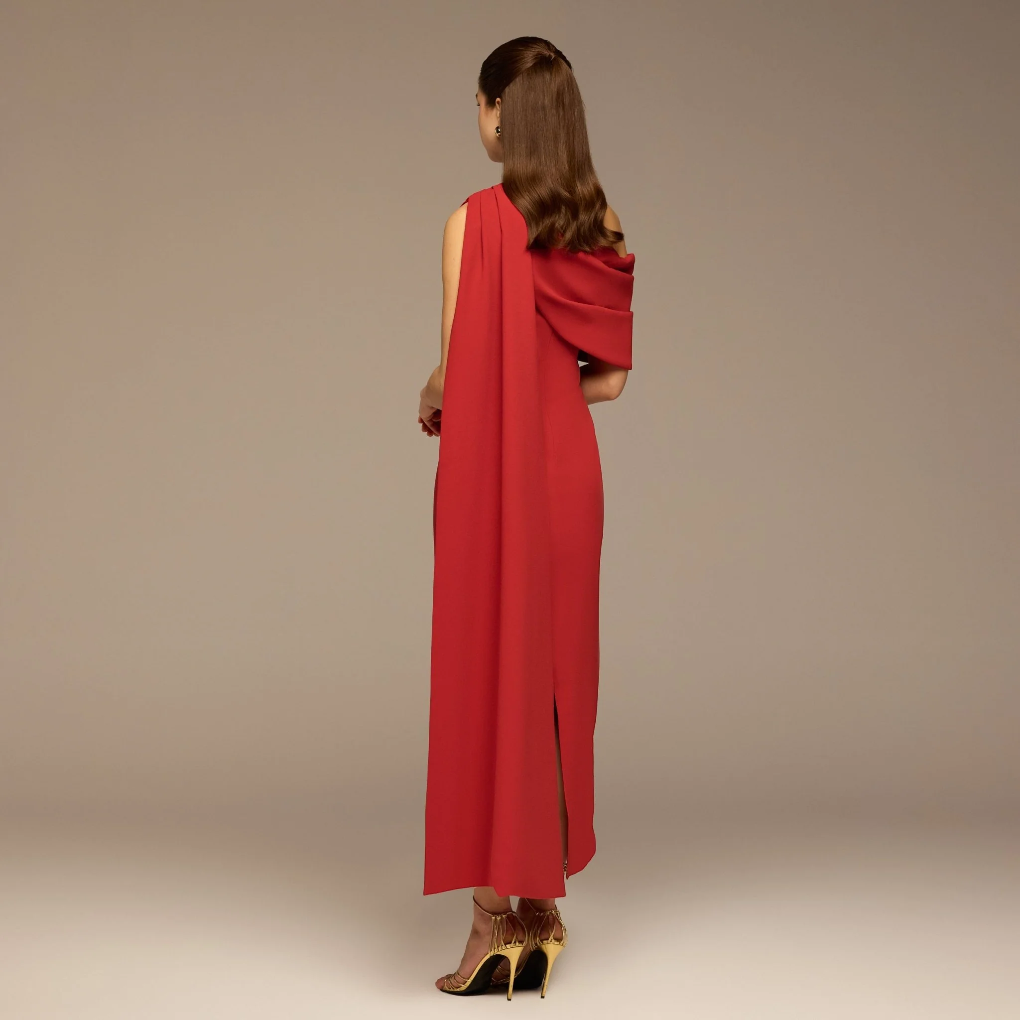 Cherry Red One-Shoulder Crepe Dress with Scarf - Image 4