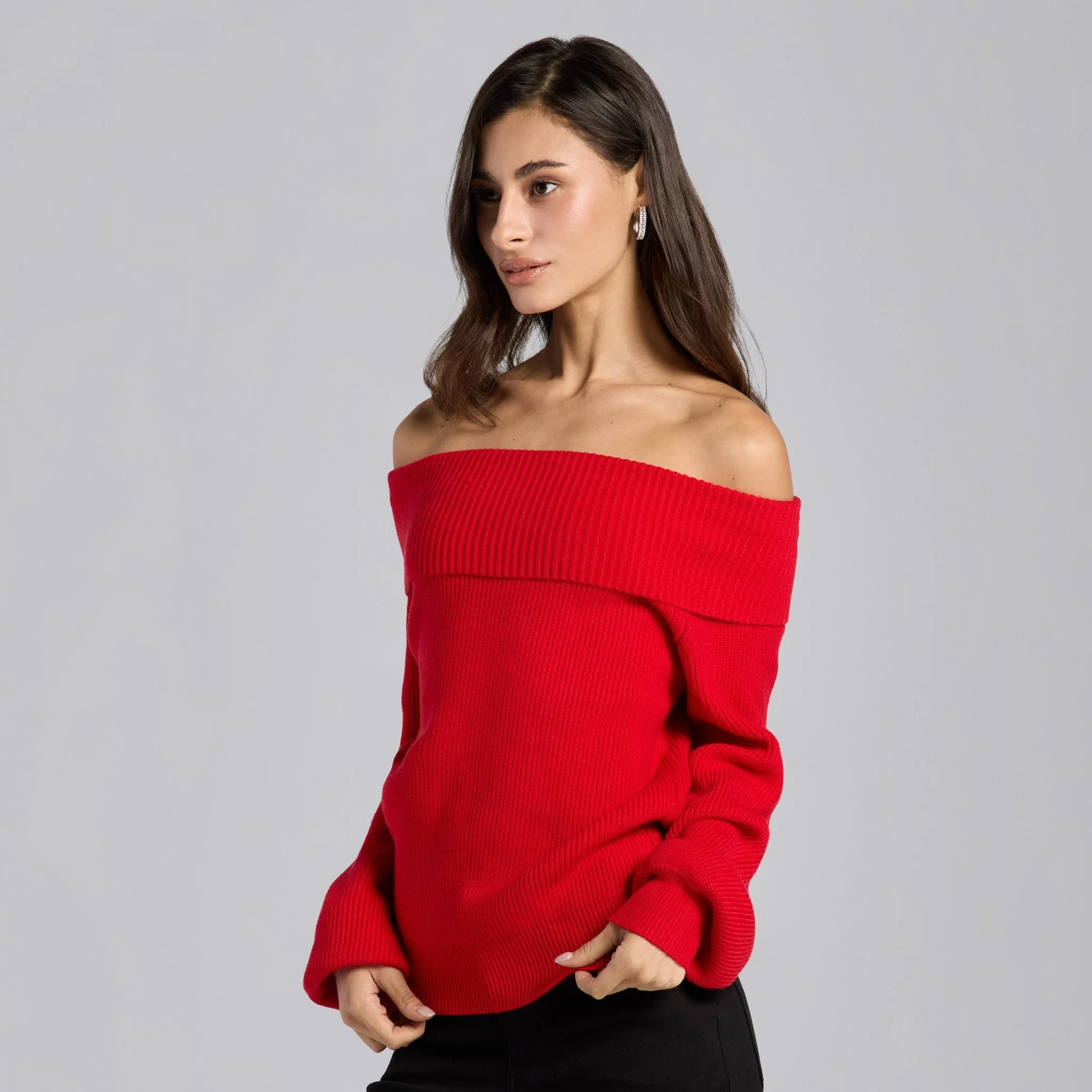Cherry Red Knit Fold Off Shoulder Balloon Sleeve Sweater - Image 2
