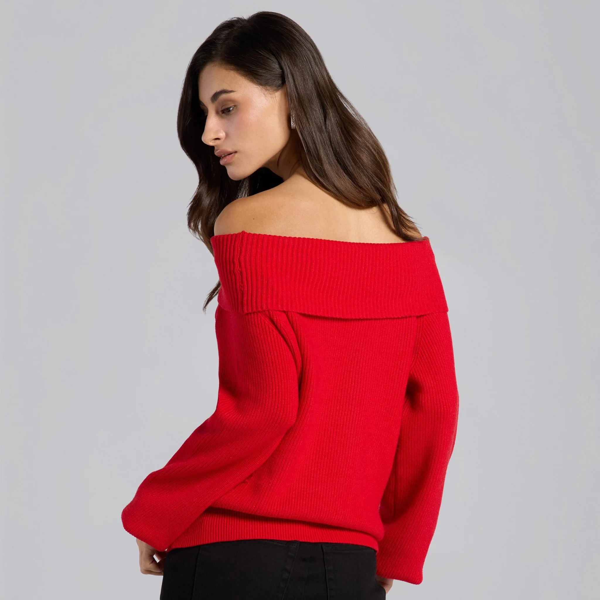 Cherry Red Knit Fold Off Shoulder Balloon Sleeve Sweater - Image 3