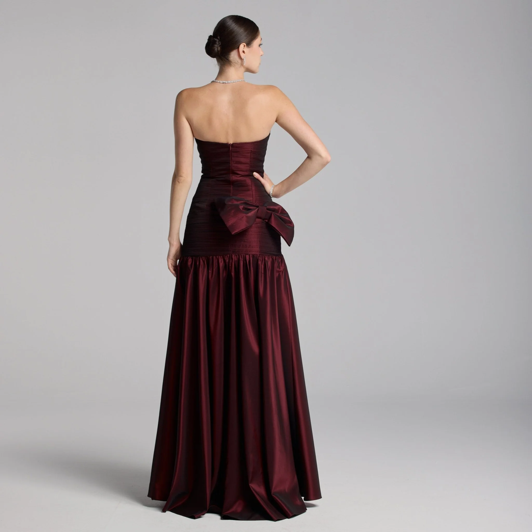 Cherry Red Strapless Ruched Taffeta Gown - Image 4