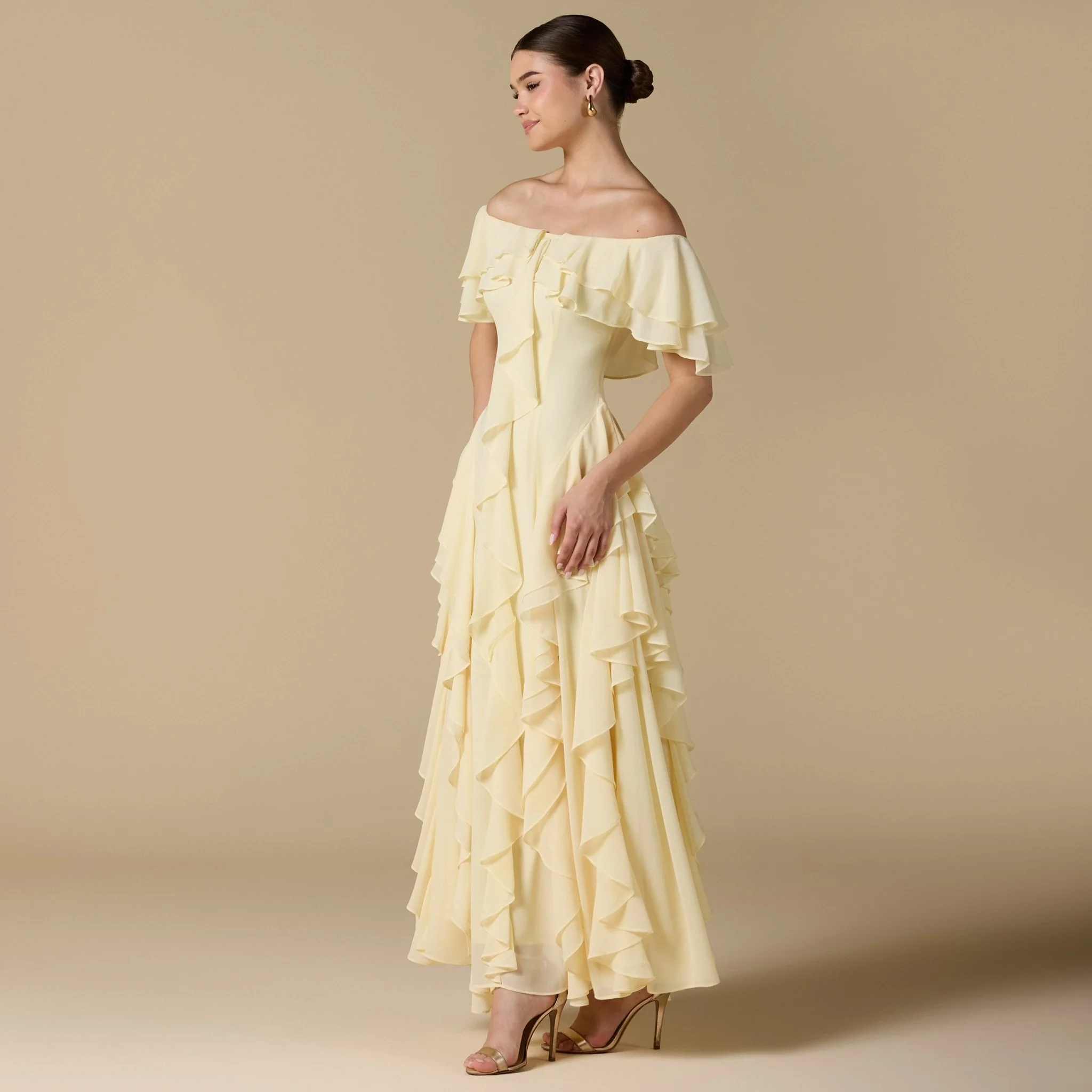 Chiffon Off Shoulder Maxi Dress With Ruffles