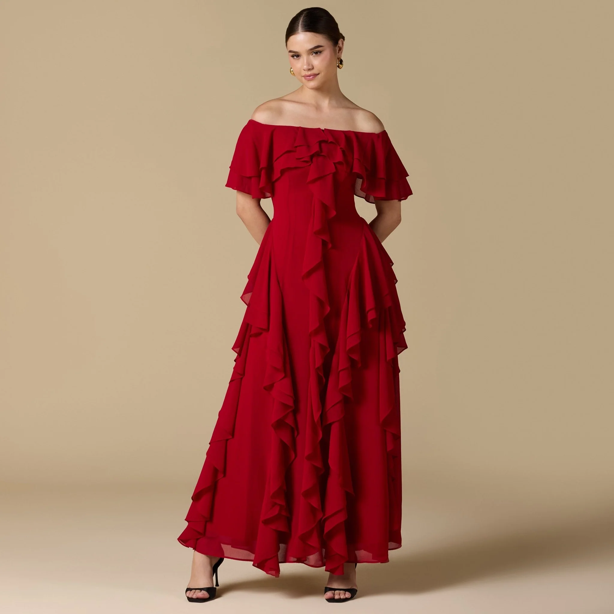 Chiffon Off Shoulder Maxi Dress With Ruffles - Image 12