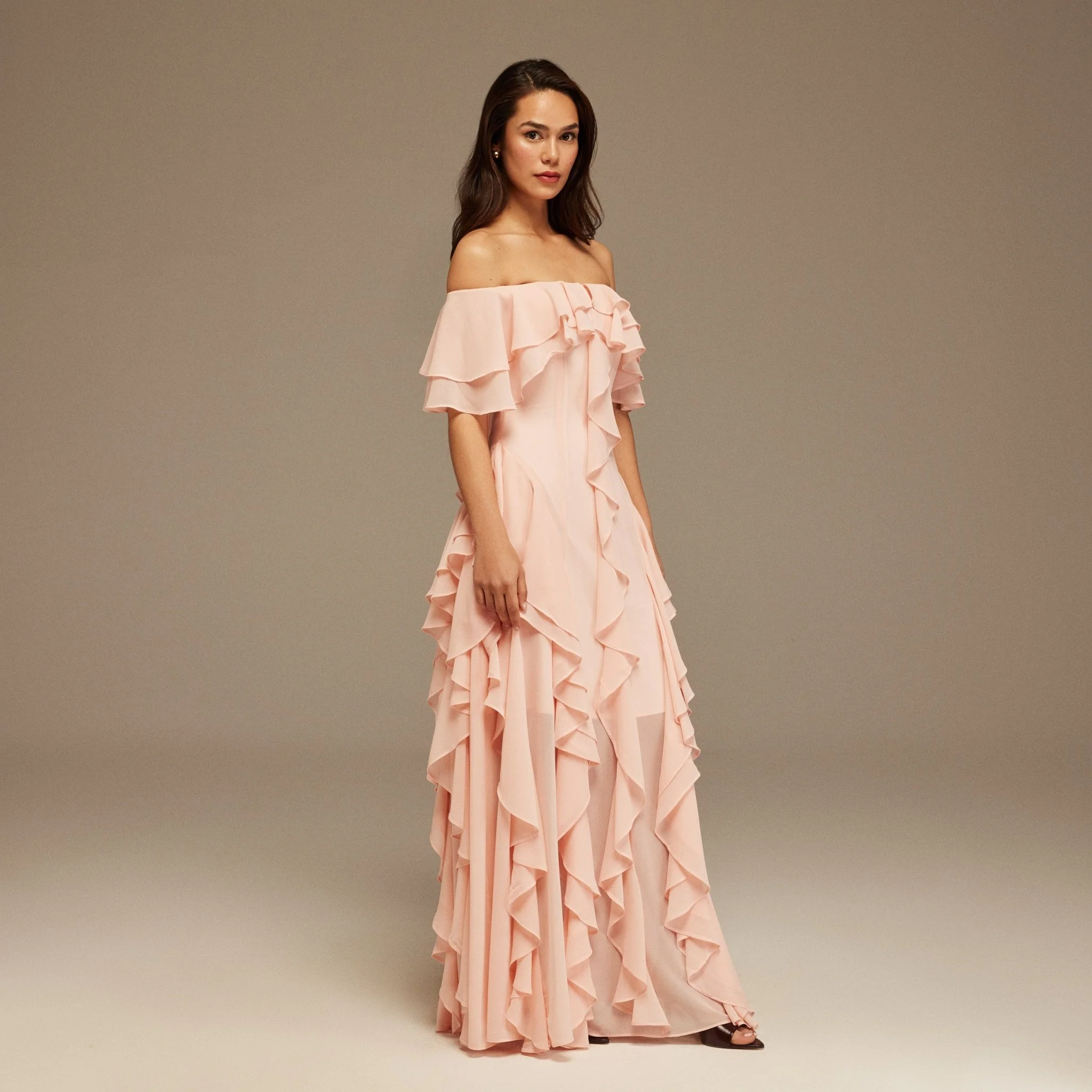 Pink Chiffon Off Shoulder Maxi Dress With Ruffles - Image 2