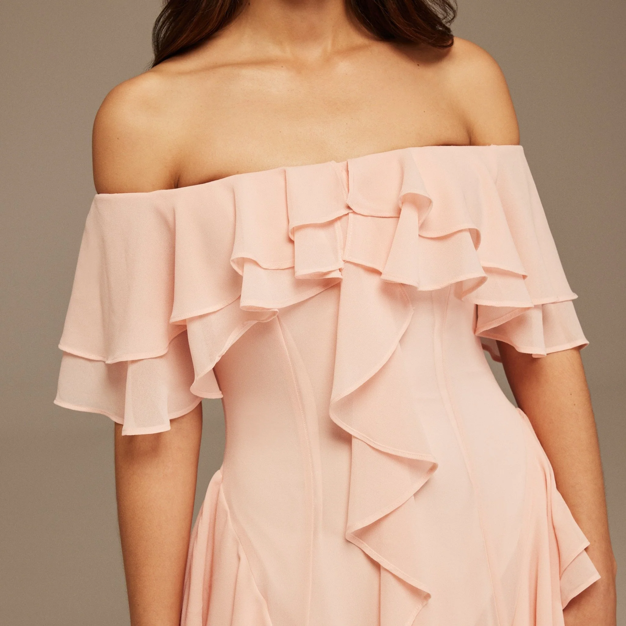 Pink Chiffon Off Shoulder Maxi Dress With Ruffles - Image 3