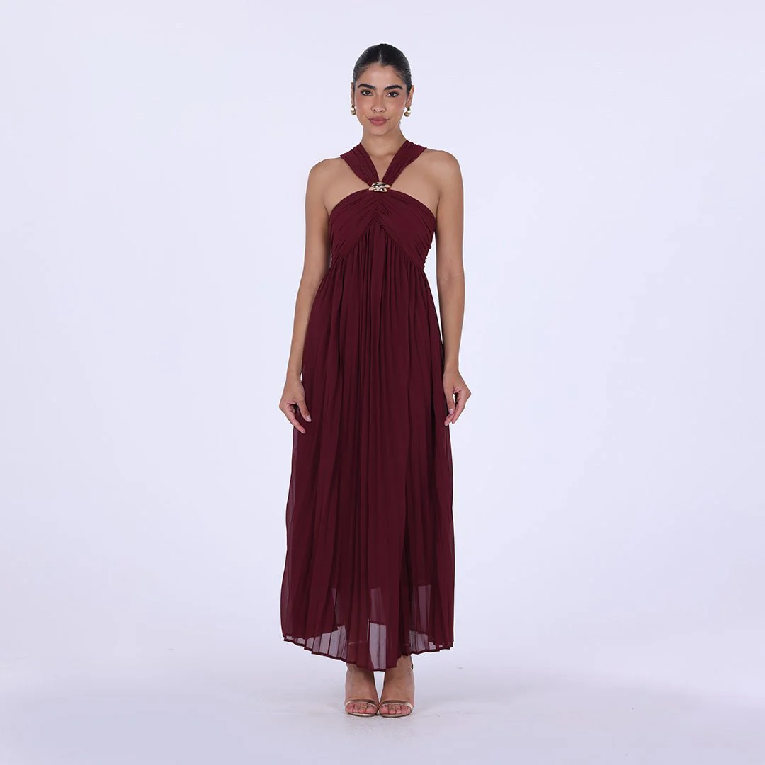 Brown Chiffon Pleated Gathered Chest Maxi Dress
