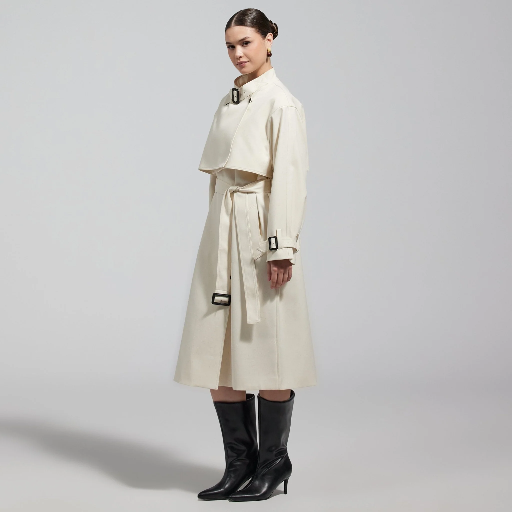 Cloud White High Collar Twill Trench Coat - Image 2