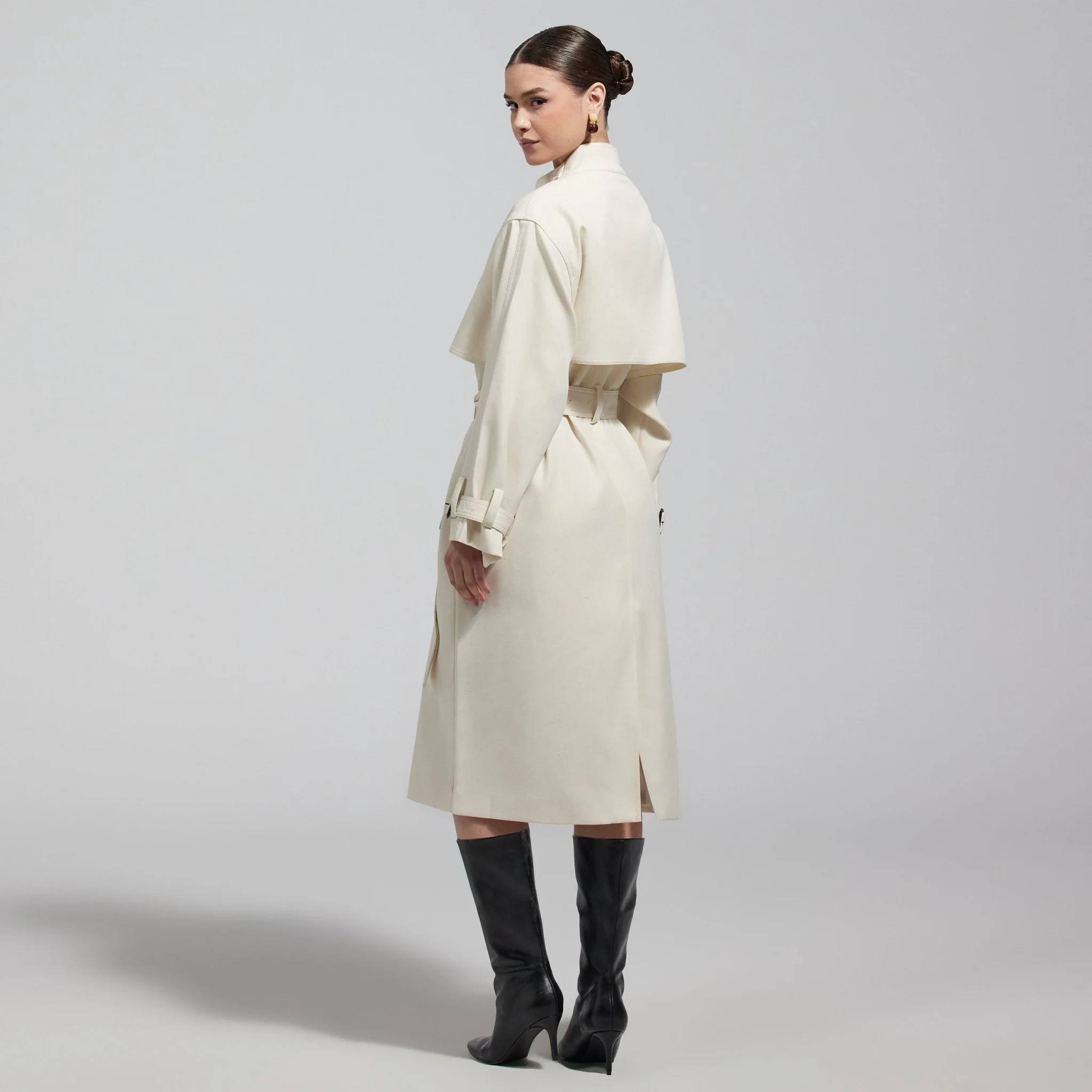 Cloud White High Collar Twill Trench Coat - Image 4