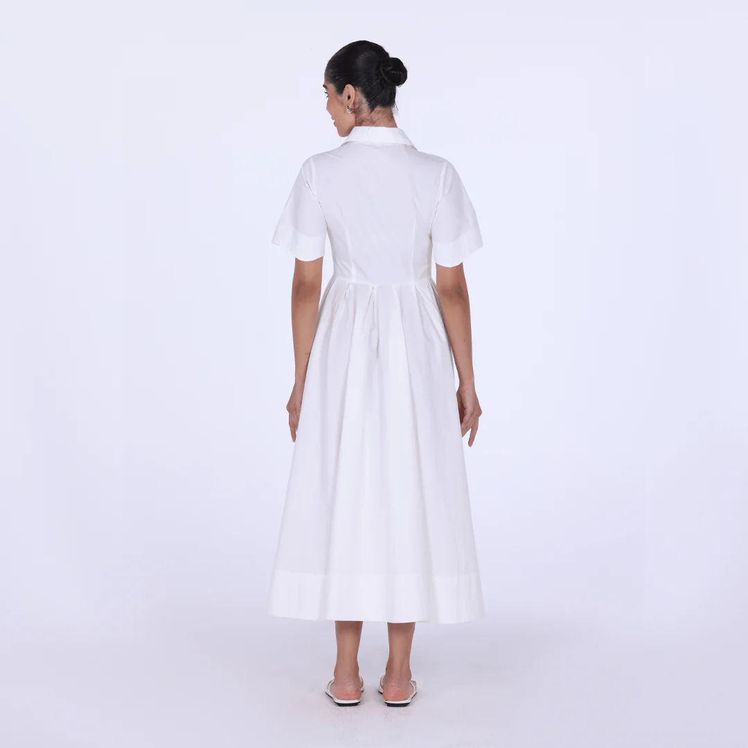 White Collard Cotton Long Aline Dress - Image 3