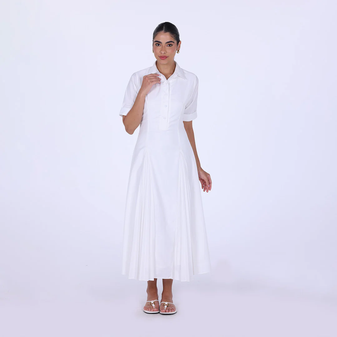 Collared Midi Shirt Dress With Pleats