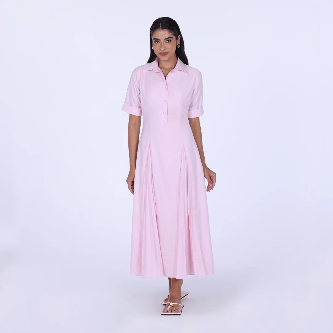 Collared Midi Shirt Dress With Pleats - Image 5