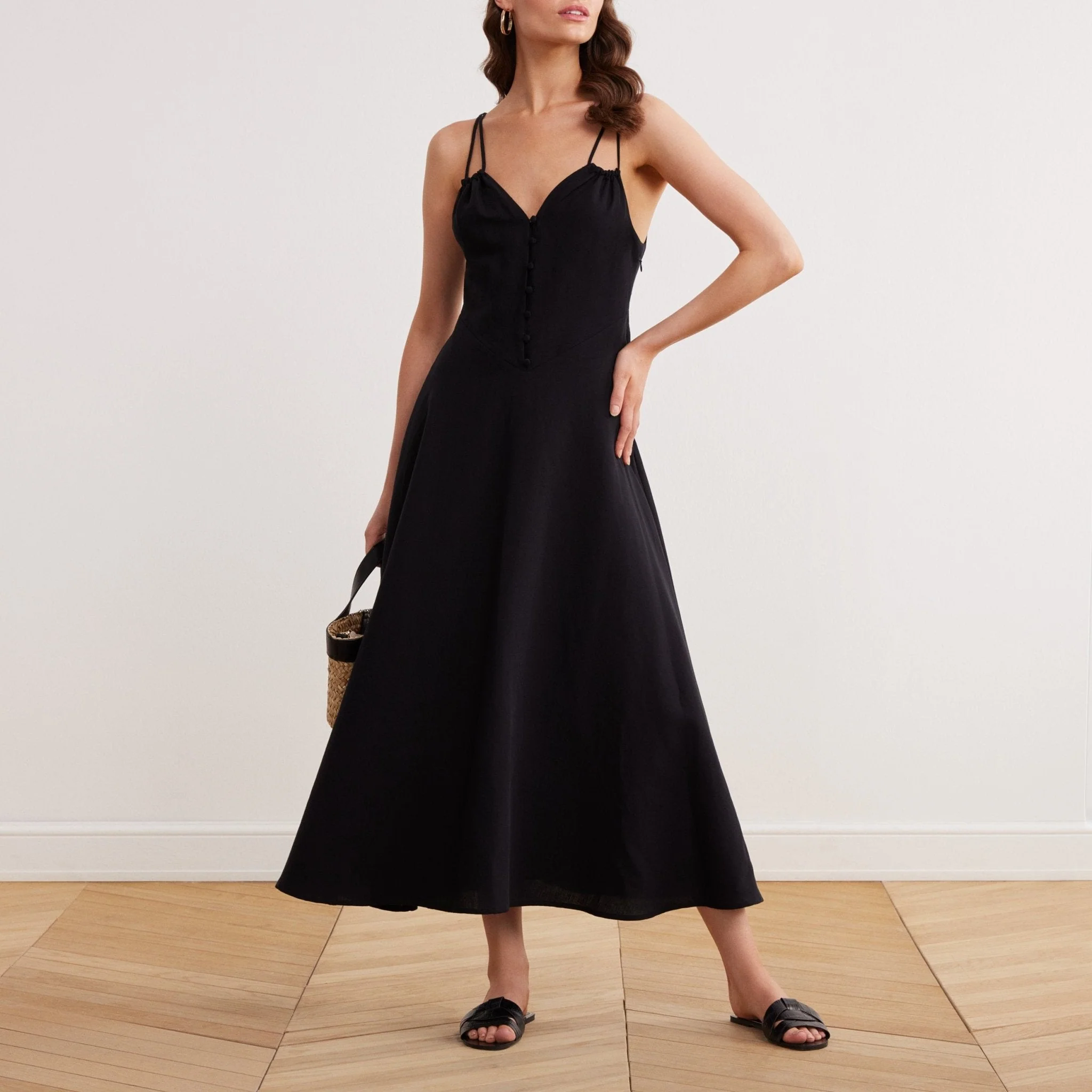 Sleeveless V-neck Fitted Waist Cotton Blended Midi Dress - Image 4