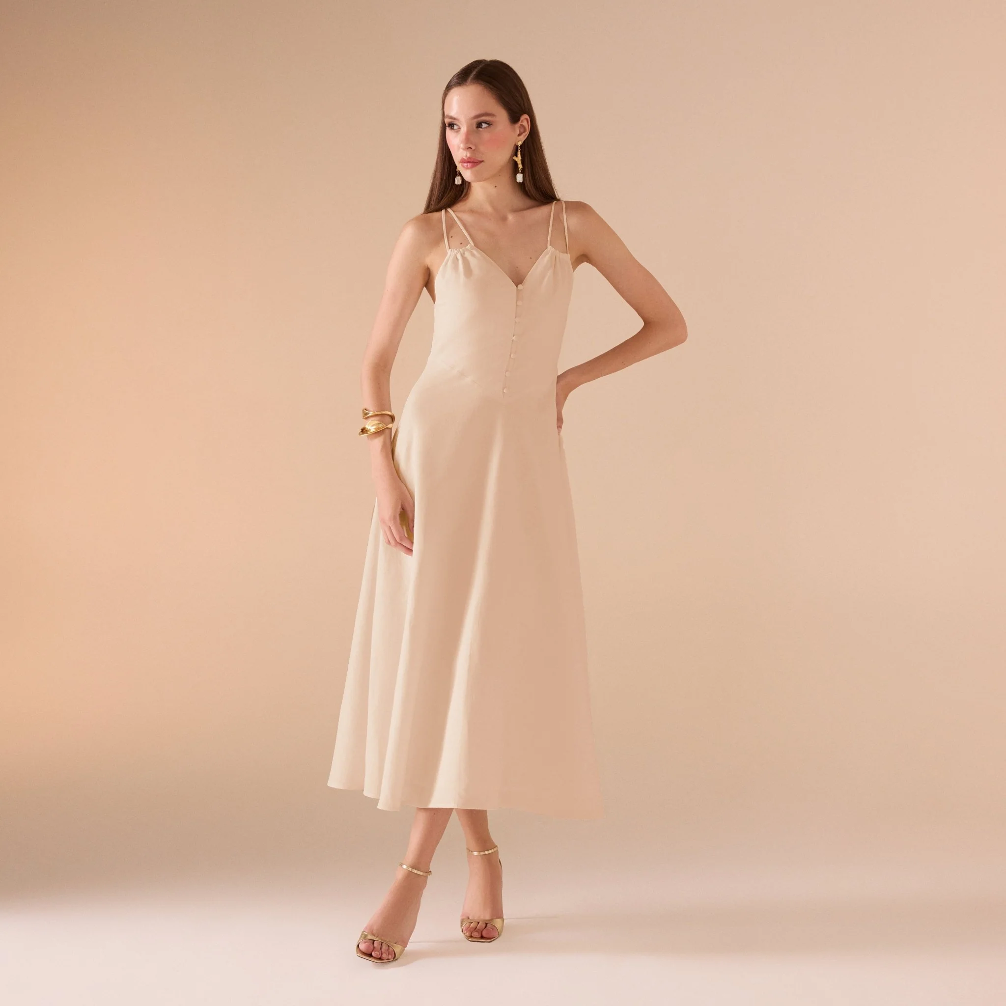 Sleeveless V-neck Fitted Waist Cotton Blended Midi Dress - Image 6