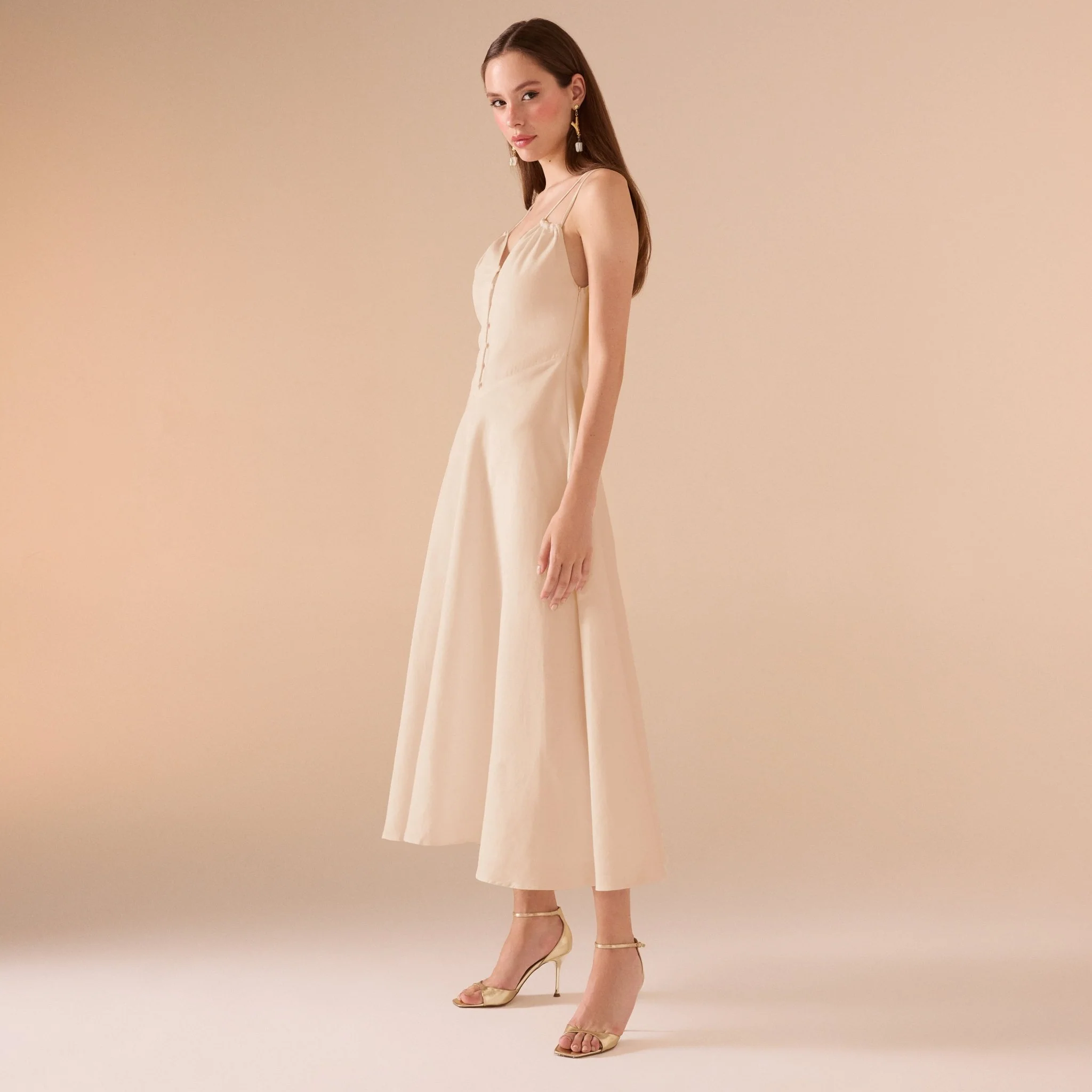 Sleeveless V-neck Fitted Waist Cotton Blended Midi Dress - Image 7