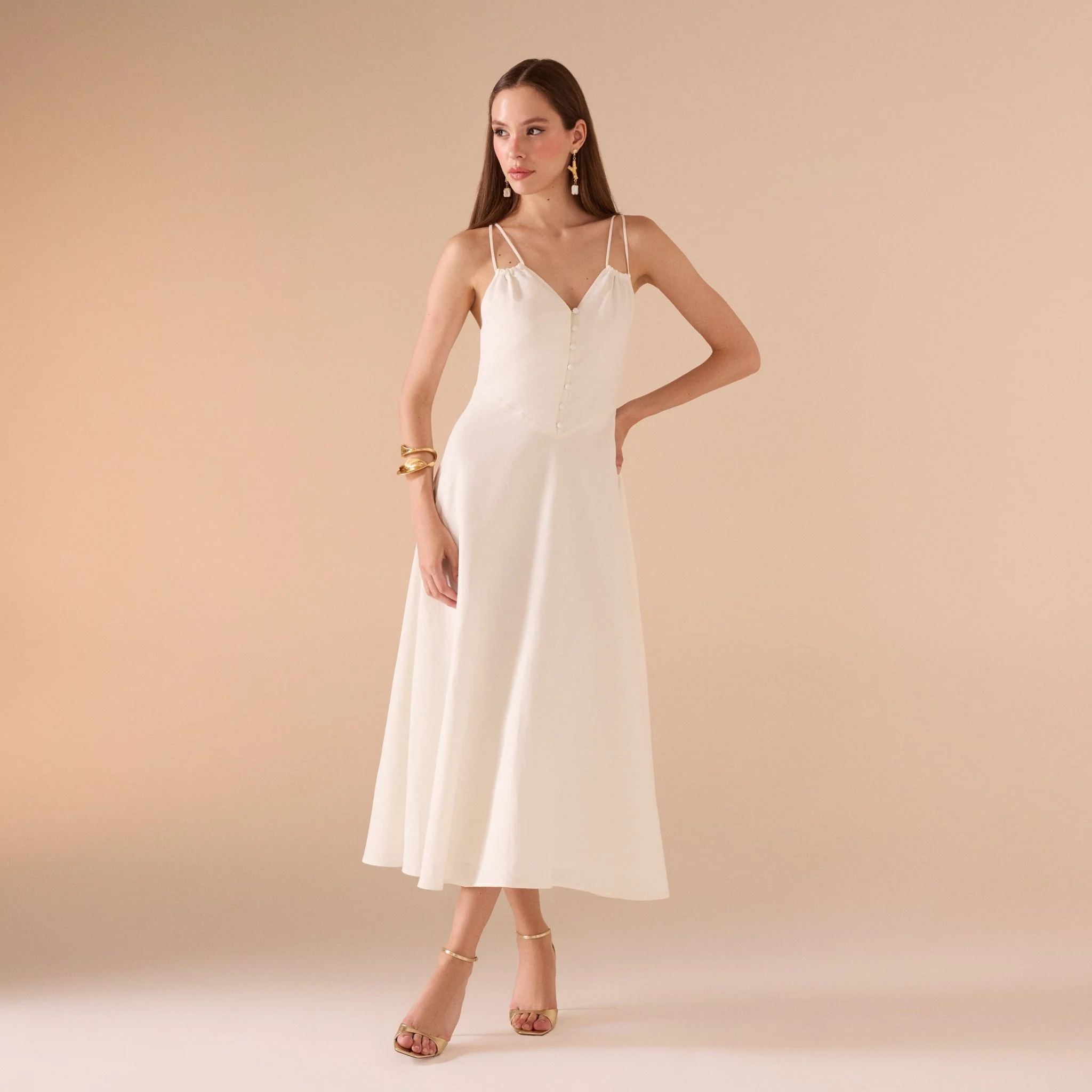 Sleeveless V-neck Fitted Waist Cotton Blended Midi Dress - Image 9