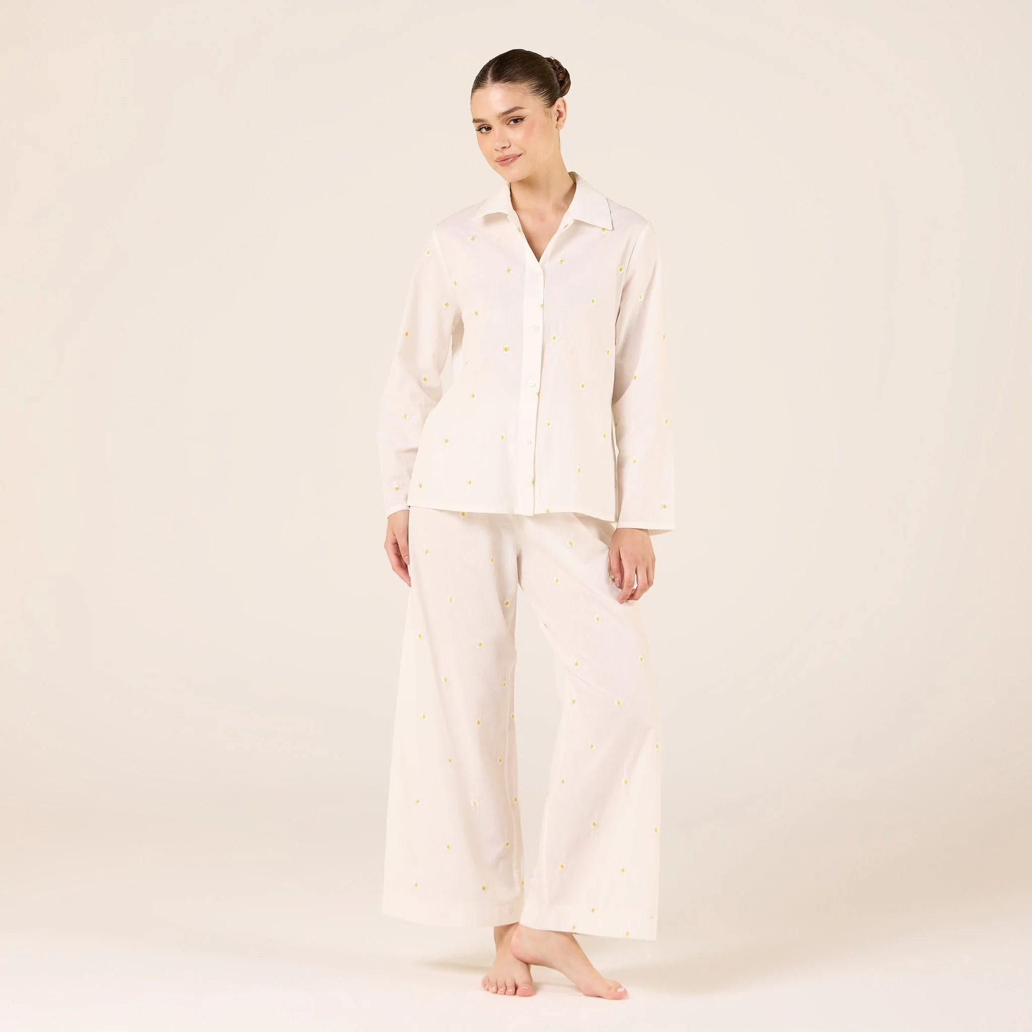 White Cotton Embroidered Daisy Print Pants - Image 2