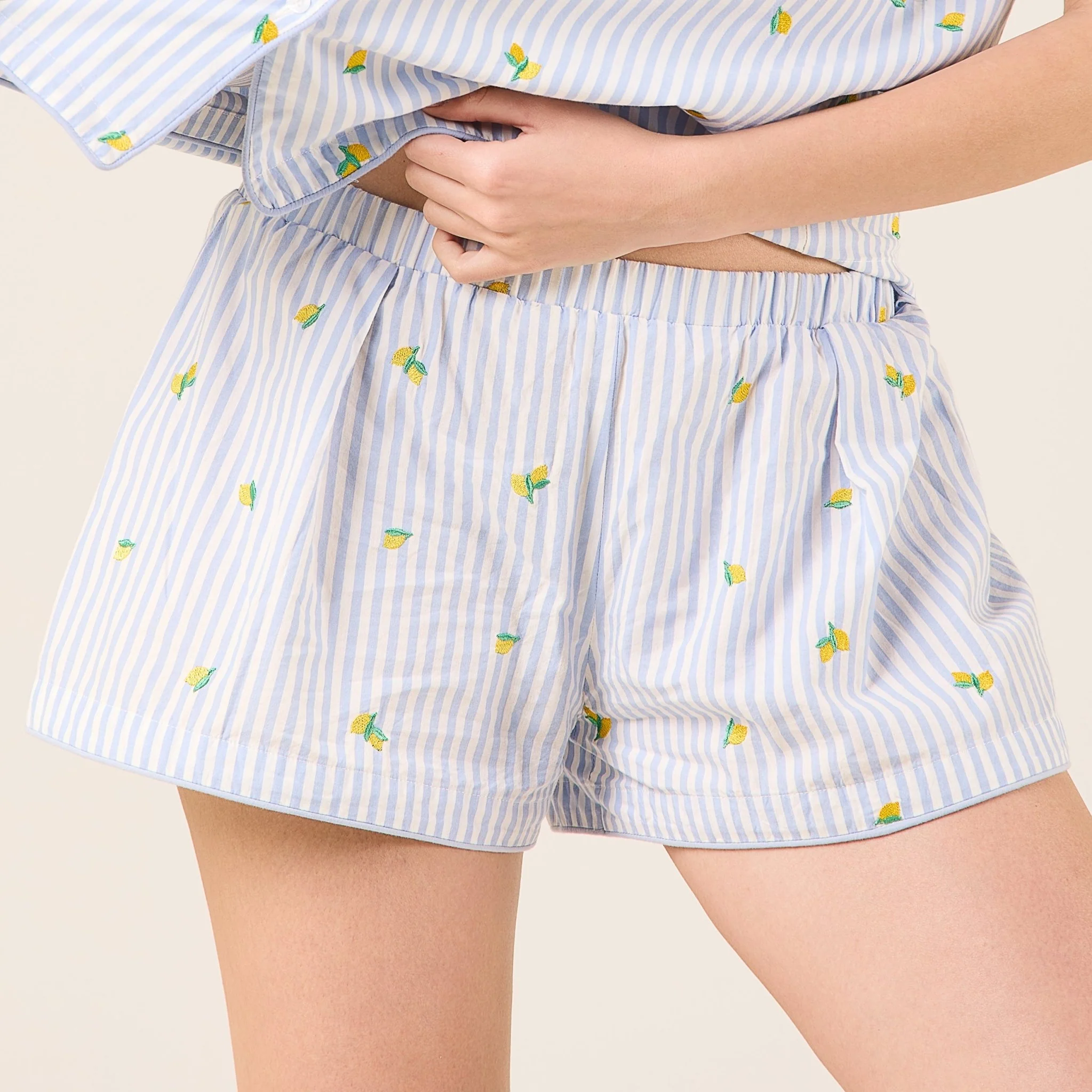 Blue Cotton Poplin Stripe Shorts in Lemon