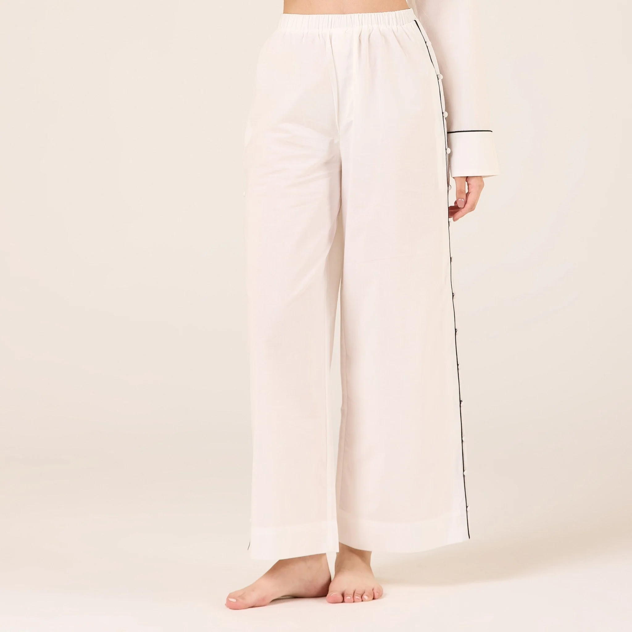 White Cotton Side Button Elastic Waist Pants