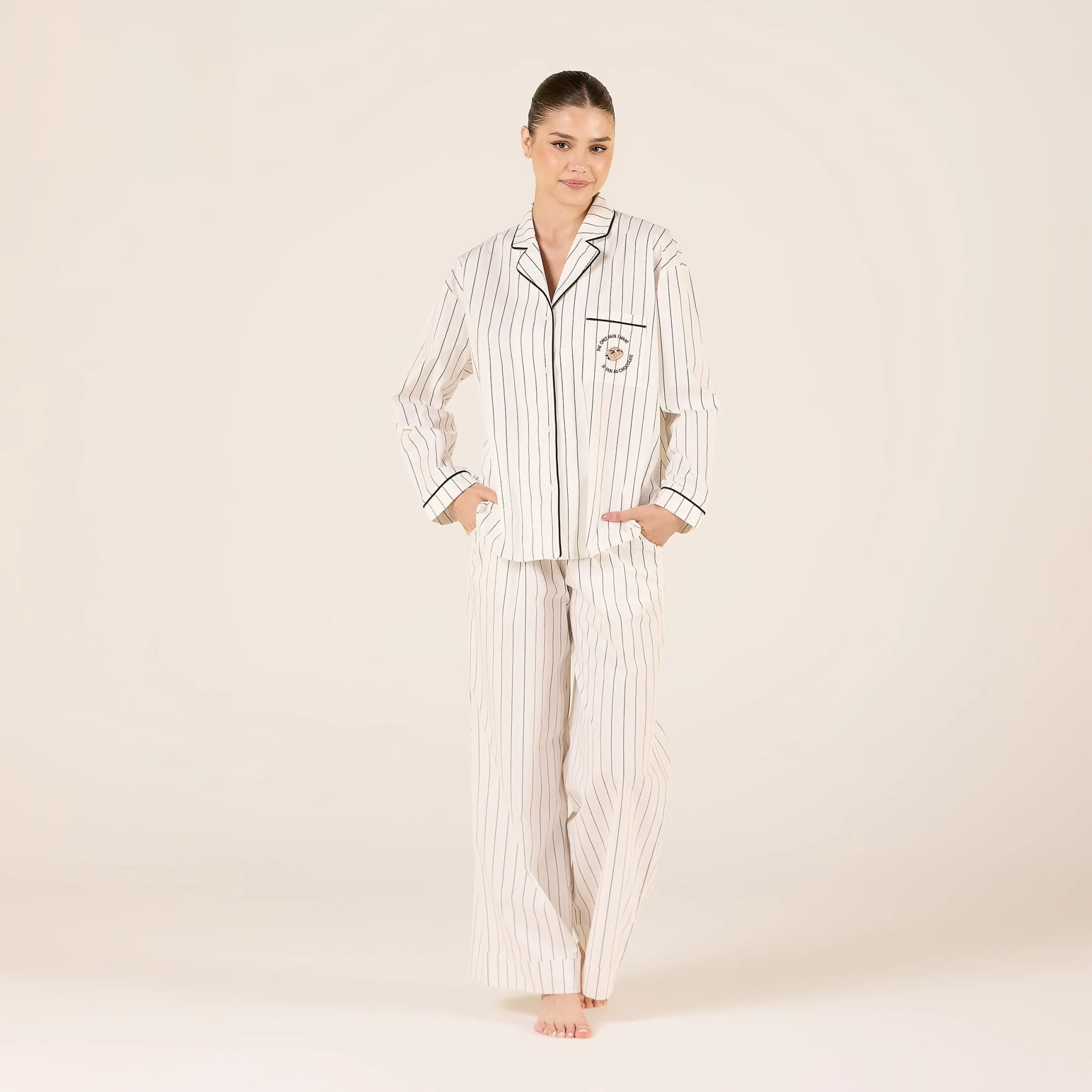 White Cotton Stripe Elastic Waist Pants - Image 2