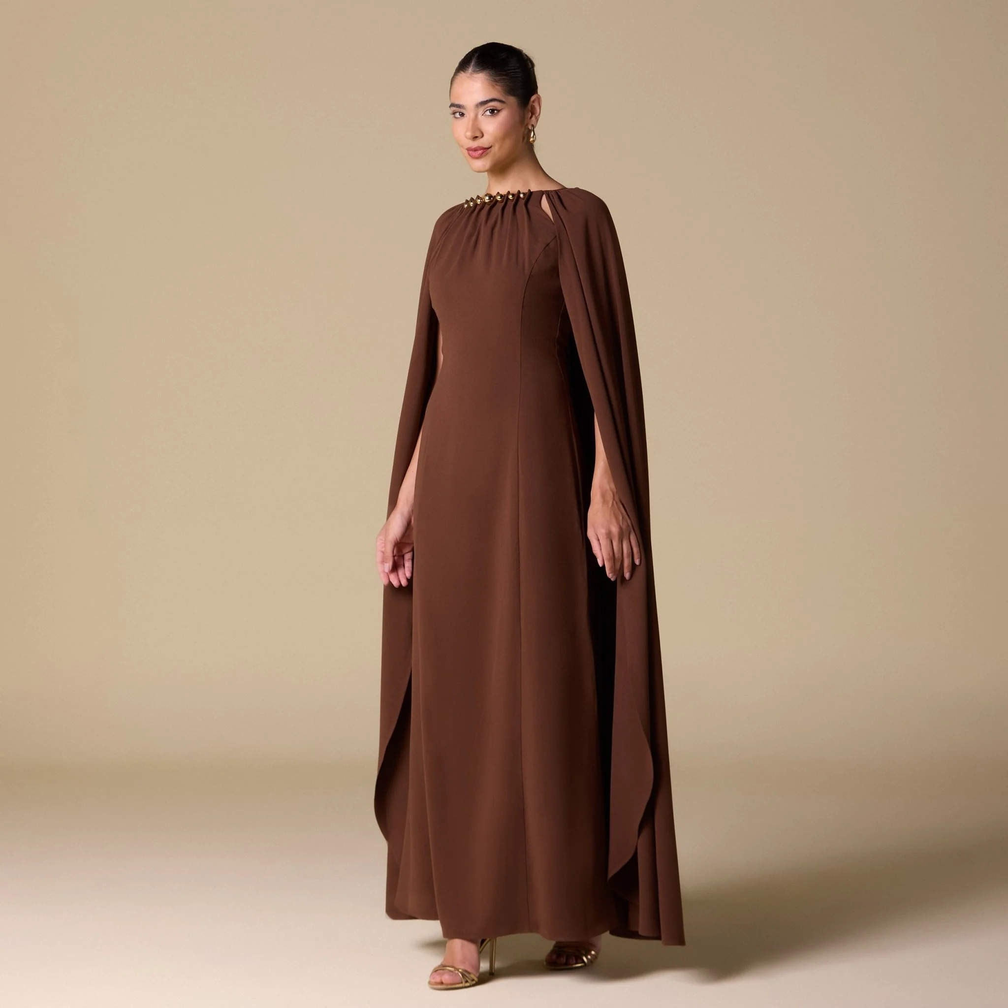 Brown Crepe Cape Maxi Dress with Stone Bead Neckline - Image 2