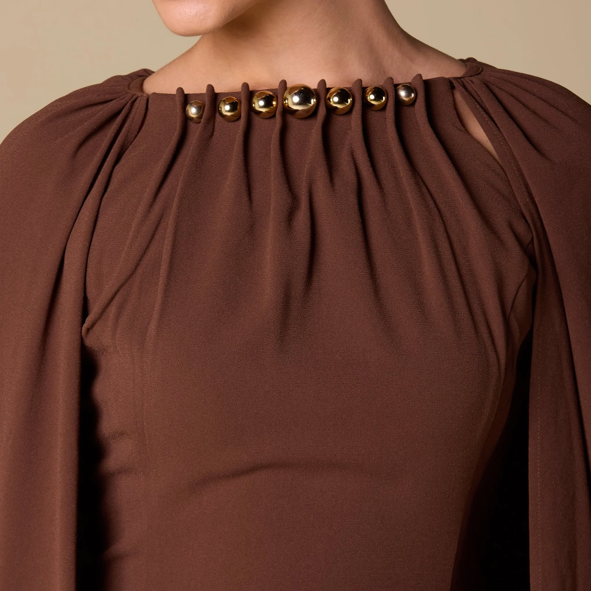 Brown Crepe Cape Maxi Dress with Stone Bead Neckline - Image 3
