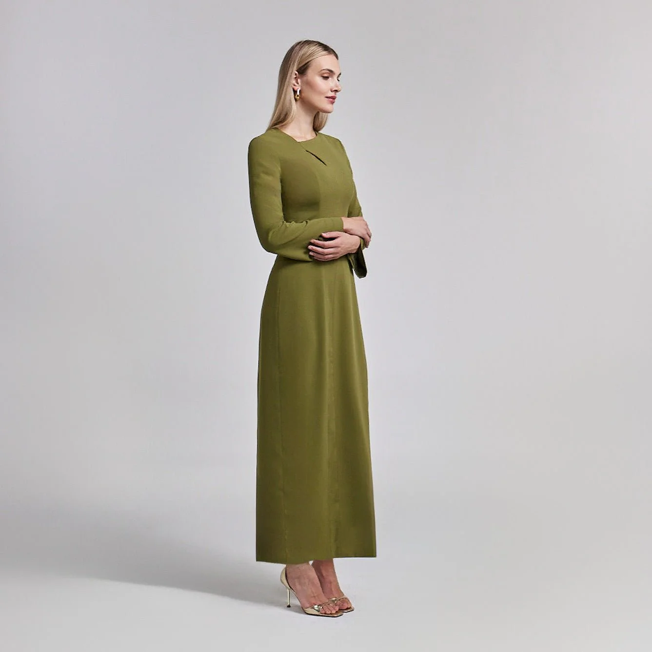 Crepe Olive Green Long Sleeve Dress